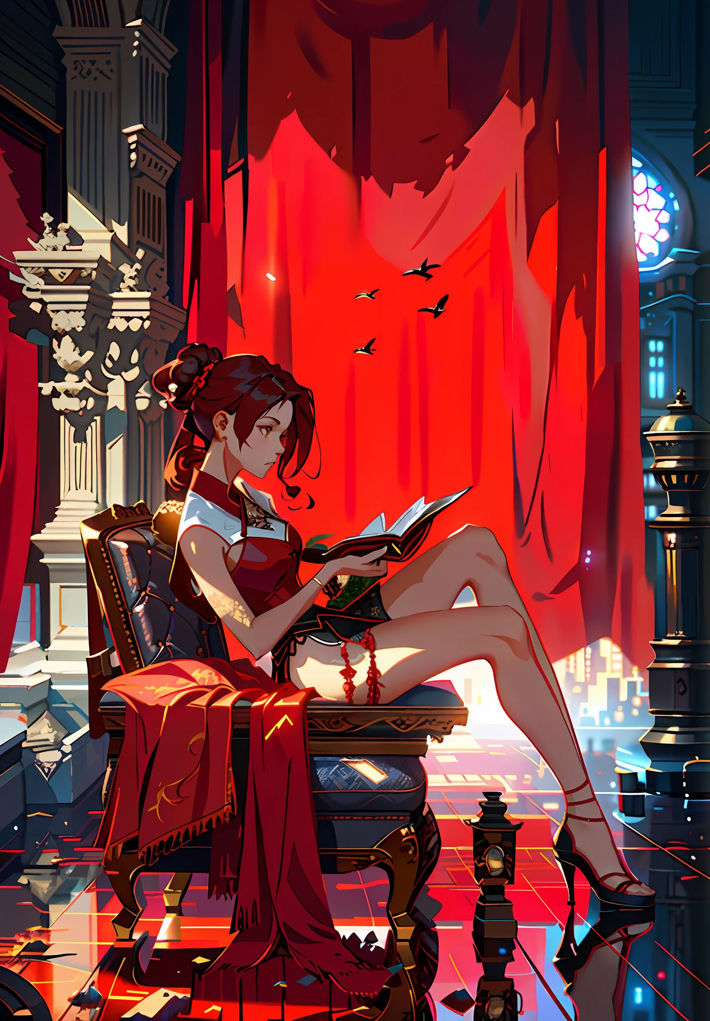 there is a woman sitting on a chair in a red dress, cgsociety saturated colors, style of raymond swanland, red and cinematic lighting, by Aleksander Gine, stunning cgsociety, wlop and krenz cushart, by Mike Winkelmann, cgsociety and fenghua zhong, marc simonetti and sakimicha