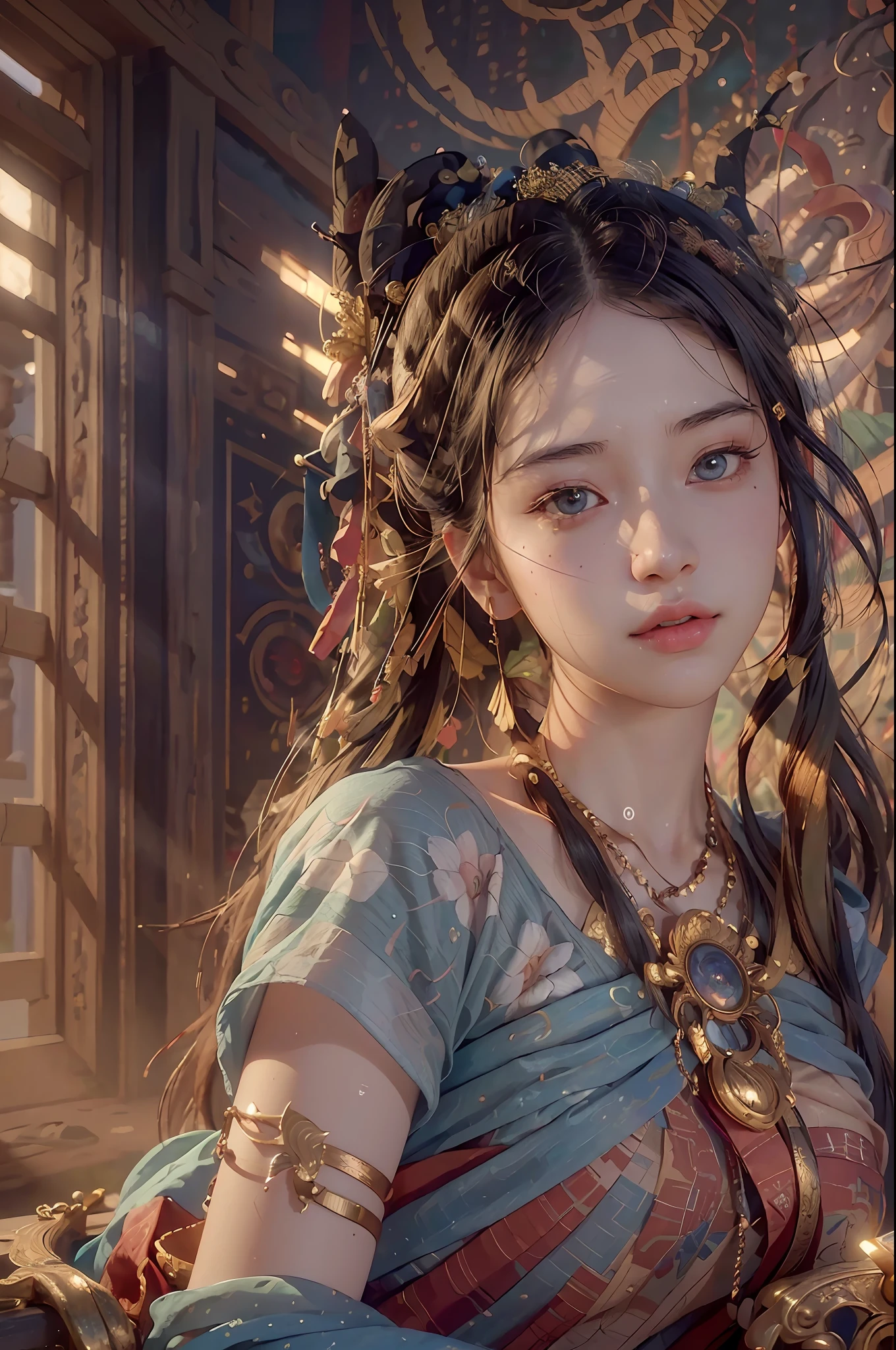 (RAW photo, best quality), (realistic, photo-realistic:1.3),best quality,highly detailed,masterpiece,ultra-detailed,illustration,1girl,upper_body,dynamic angle,world masterpiece theater,messy_long_hair,best quality,extremely detailed CG unity 8k wallpaper,ink,Amazing,cinematic lighting,lens_flare,,dunhuang_style