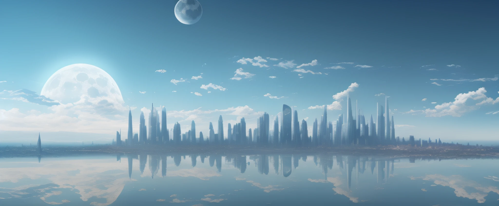 futuristic city skyline, moon in the sky, lake in foreground, futuristic cityscape photo, futuristic city vista, futuristic beautiful city, futuristic cityscape, futuristic cityscape, futuristic cityscape in background, futuristic city, futuristic city background, futuristic utopian city, remove the reflection in Hubozhong --auto --s2