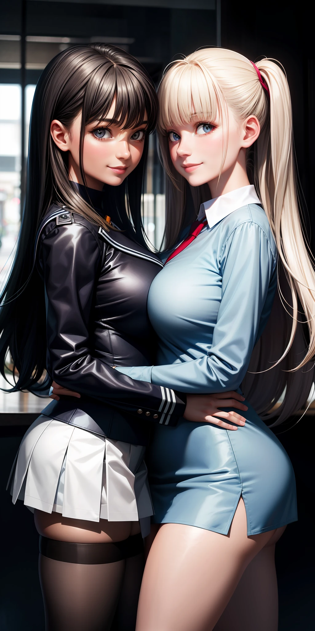 Realistic, 2 girls, uniform, close contact with breasts, large breasts, smile, wearing a miniskirt