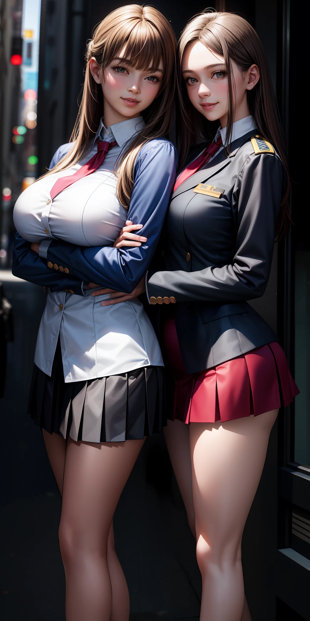 Realistic, 2 girls, uniform, close contact with breasts, large breasts, smile, wearing a miniskirt