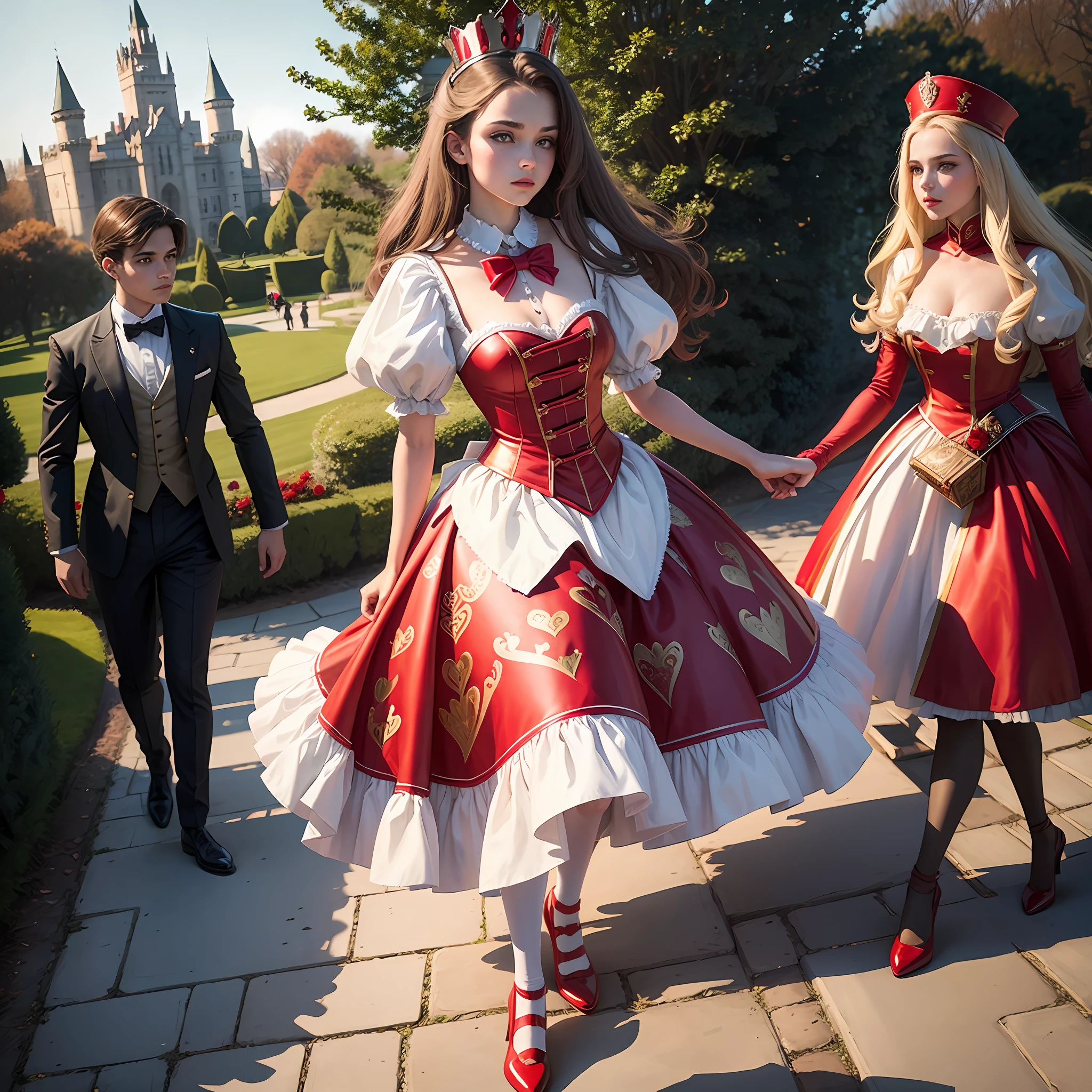 teenager queen of hearts from alice in wonderland walking in the park of the castle, there are guards dressed as deck cards and red roses --auto --s2
