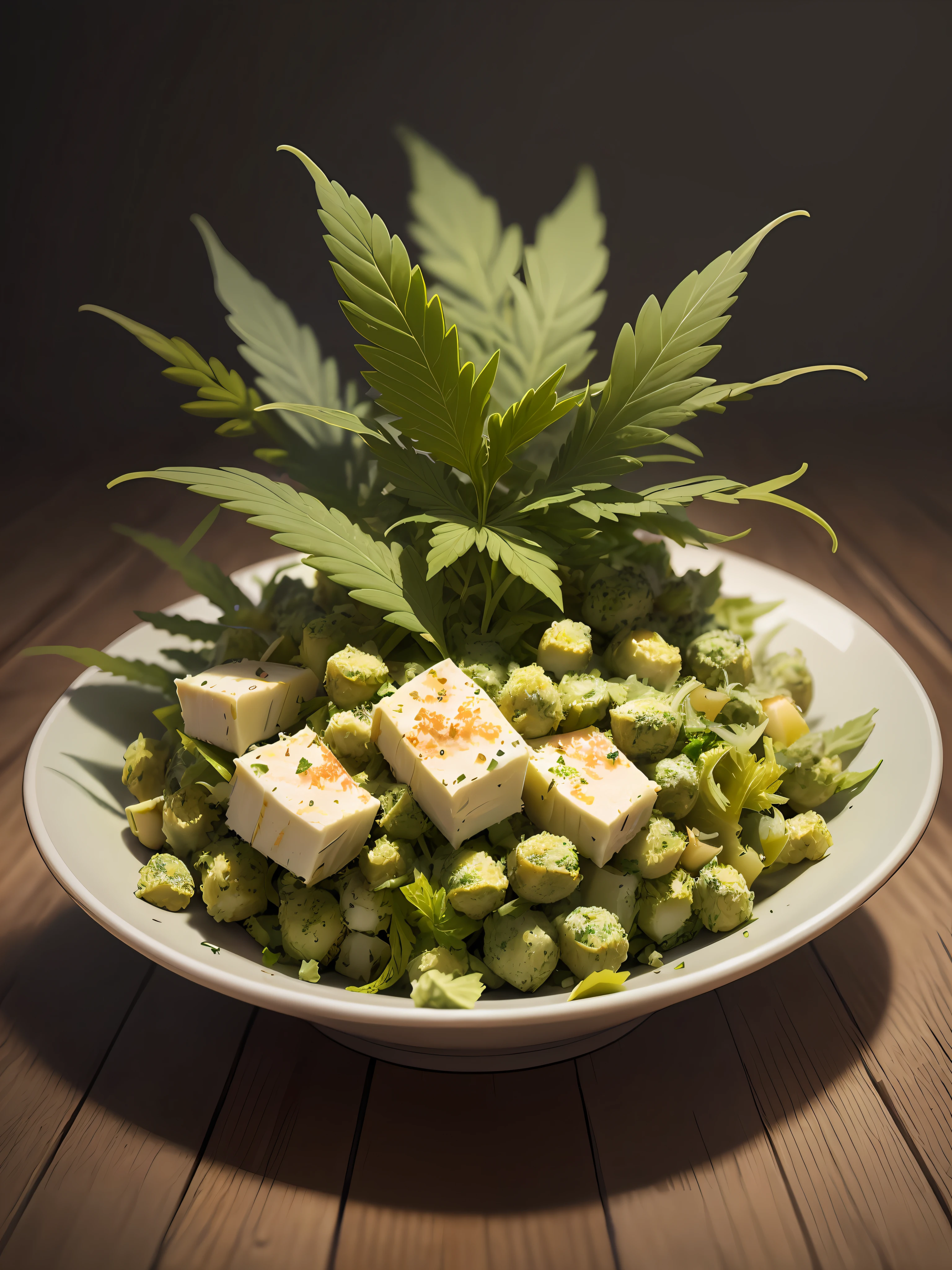 Caesar salad with lots of marijuana leaves, high quality, WEED, Kush, cannabis, buds