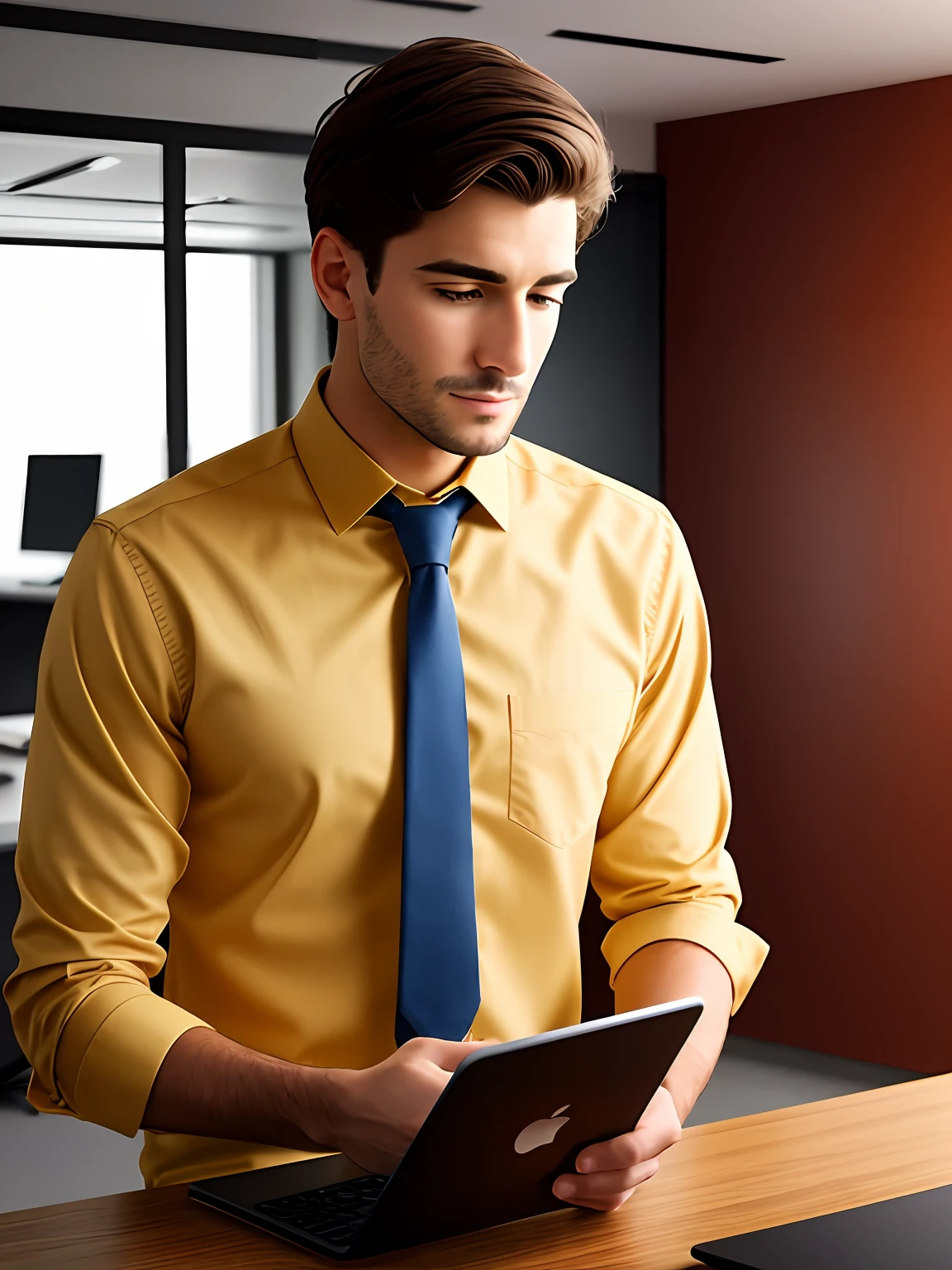 Portrait of man, short hair, in marketing room with table and Apple Notbook, creating advertising campaign, looking at the screen, formal clothing and would be, ultra realistic, 8k, quality, brown background colors, mug on the table,