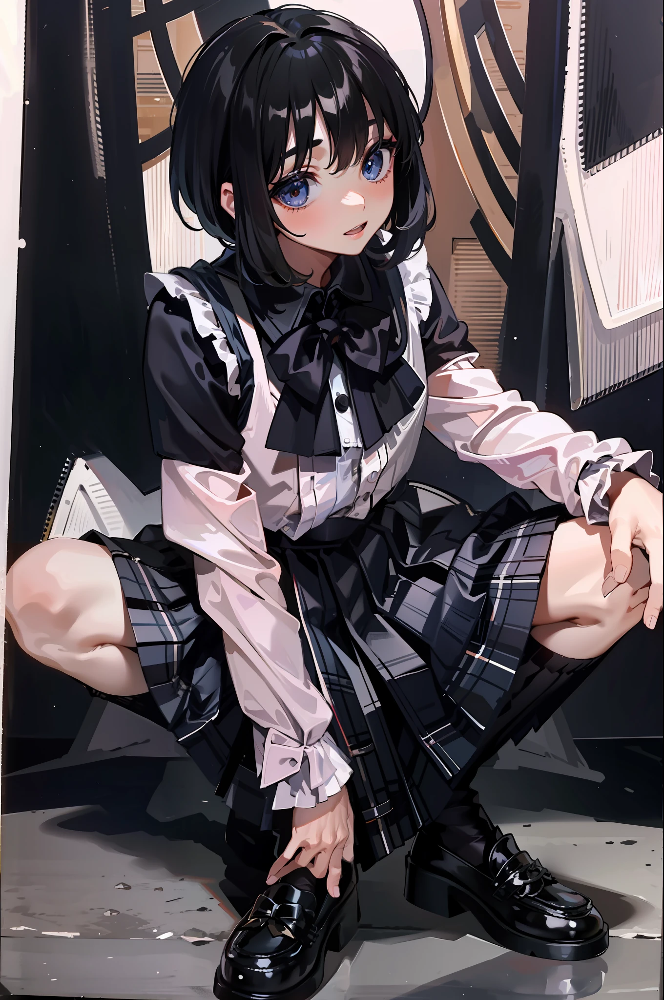 Best Quality, Masterpiece, Boy's Photo, Squat, School Uniform, Little Boy, Royal, (8K, Best Quality, Masterpiece:1.2), Ultra Highres, Intricate Details,
1boy, (beautiful face:1.2), jk suit,white shirt,black bow, bowtie,black skirt,plaid skirt, pleated skirt, puffed socks, loafers, Harajuku, punk，loose socks，short hair，leg warmers,