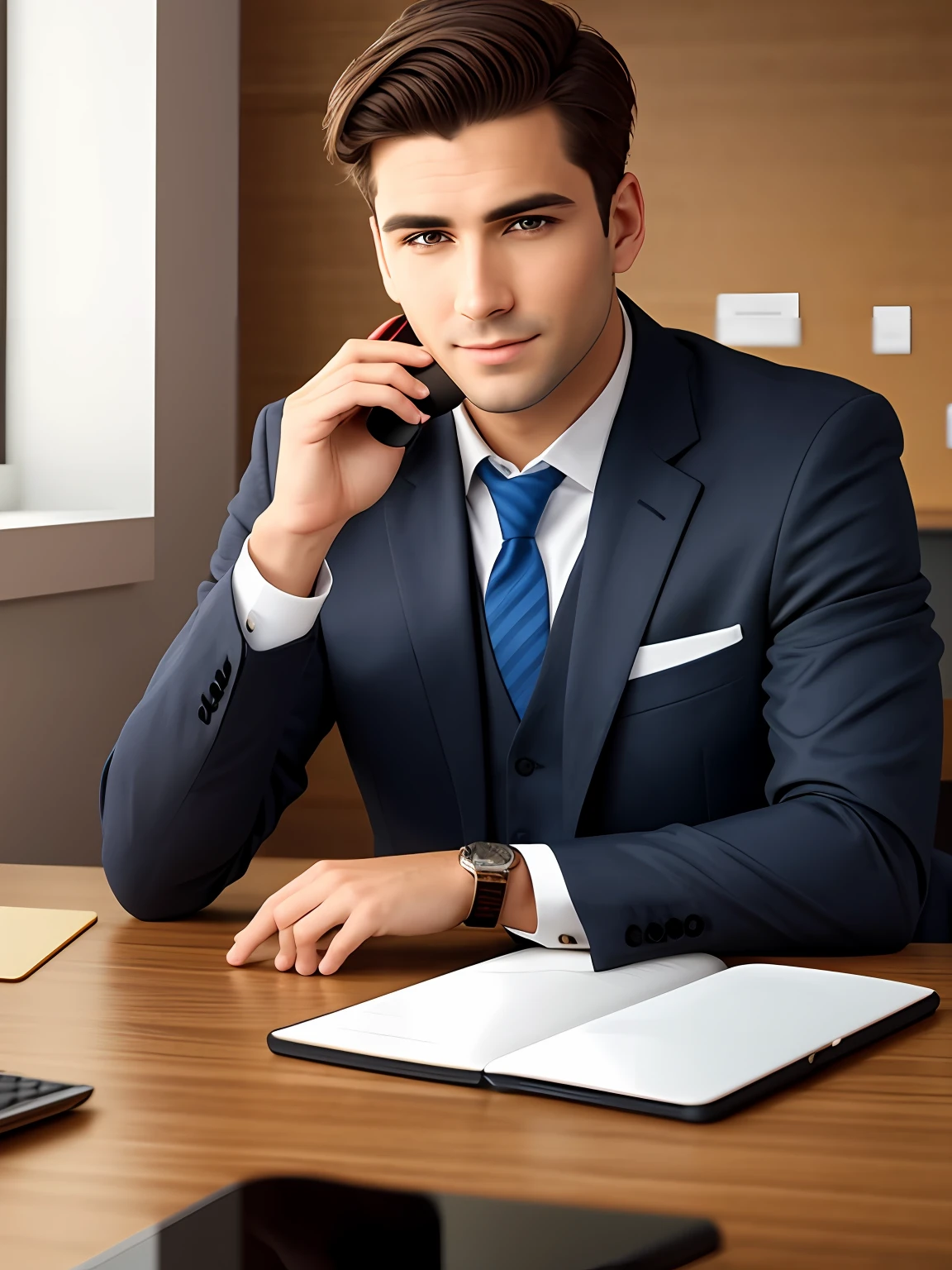Portrait of man, short hair, in marketing room with table and Apple Notbook, creating advertising campaign, looking at the screen, formal clothing and would be, ultra realistic, 8k, quality, brown background colors, mug on the table,