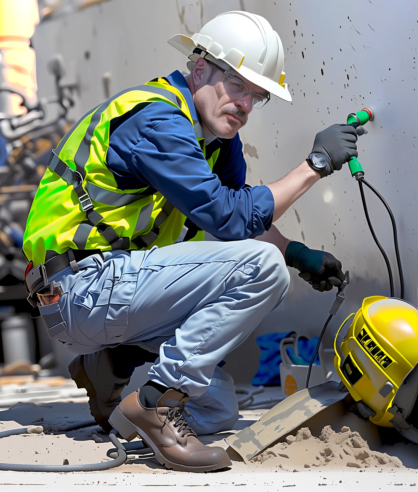 arafed man in a hard hat and safety gear working on a construction project, maintenance, maintenance photo, portrait shot, engineer, closeup photograph, advertising photo, technical, mechanic, wearing plumber uniform, powerful scene, promo image, intense scene, walter white hiding in a sewer, 5 feet away, focused shot, professional work, aesthetic shot, cool looking