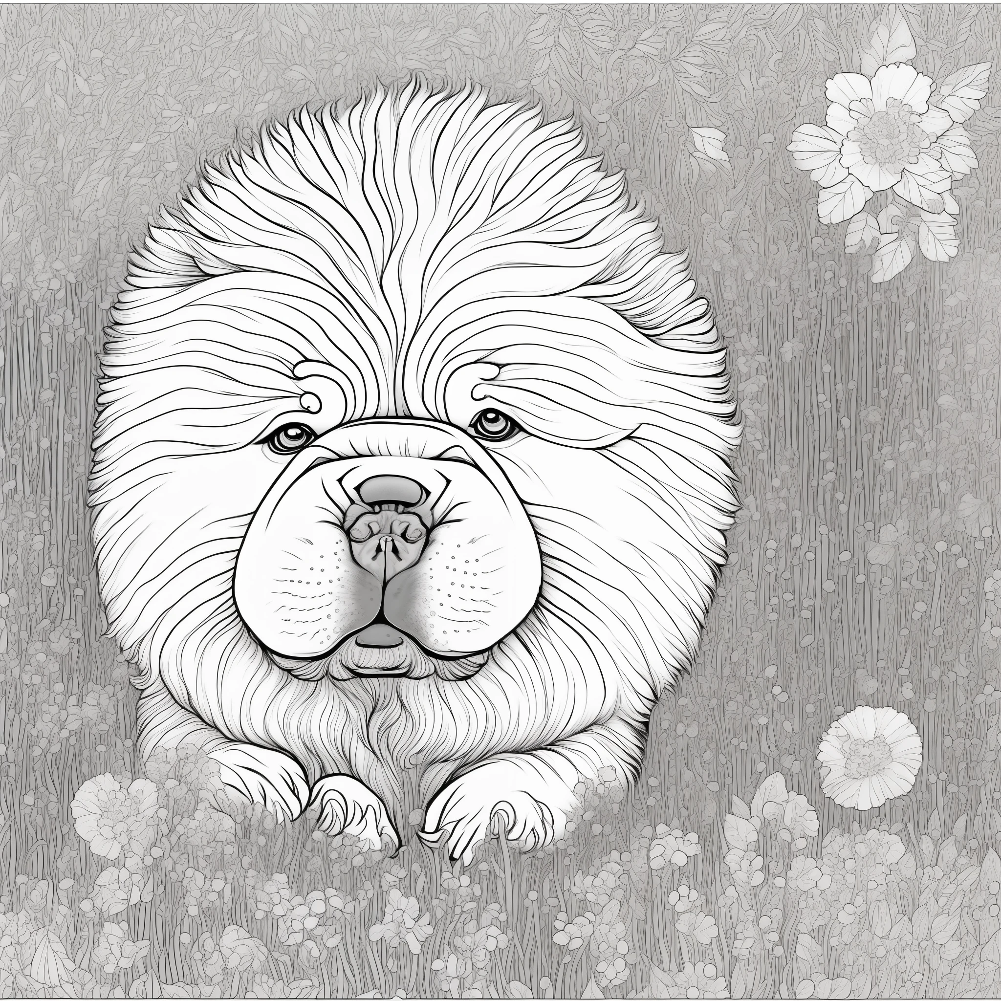 Chow Chow puppy, gorgeous, intricate details, fine lines, simple, (white background), detailed line art, full page, on paper, black and white, flowers around, 8k resolution, coloring book for adults.