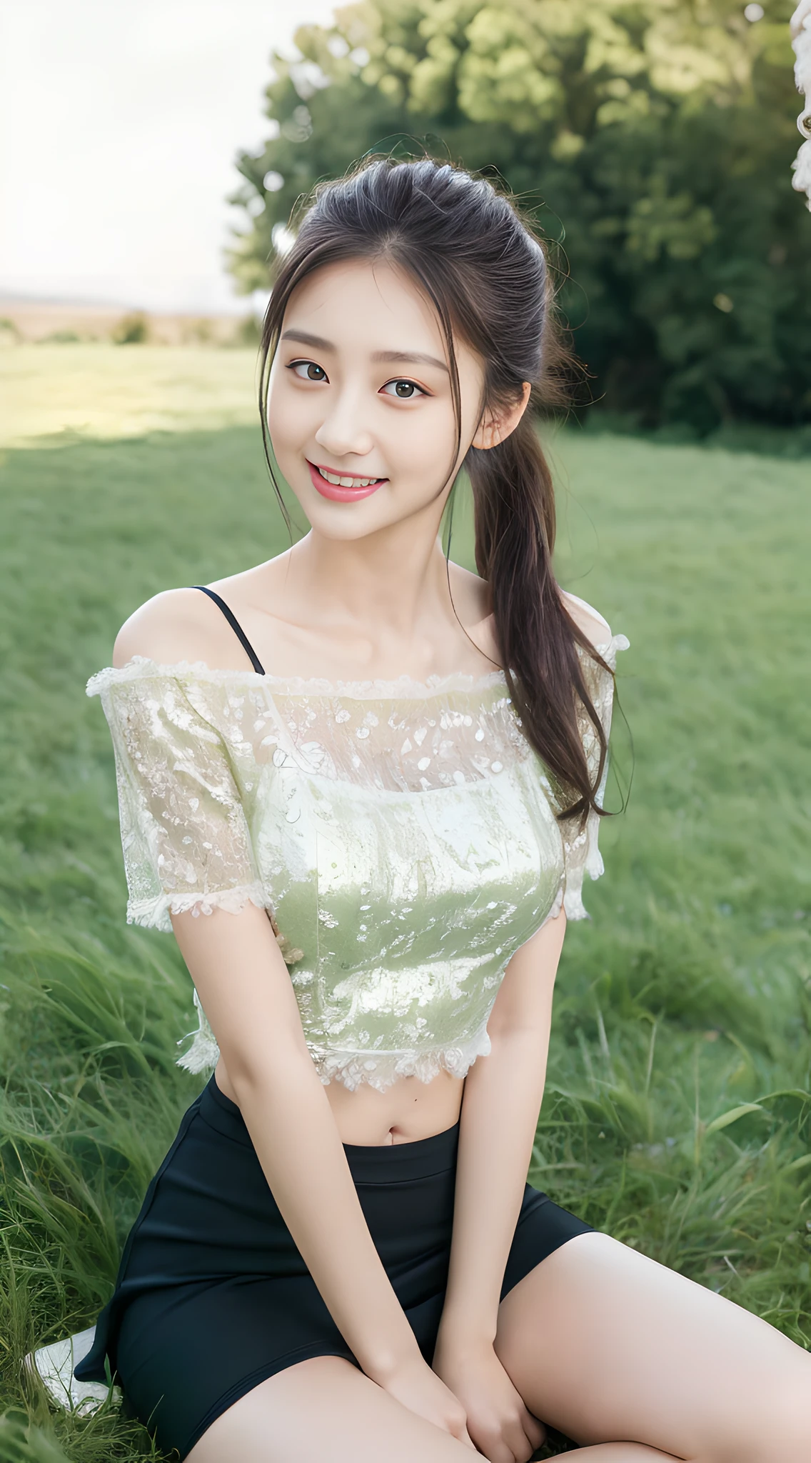 ((Best Quality, 8K, Masterpiece:1.3)), A beautiful girl, pure, melon face, gentle and cute, thin figure, short sleeves with open shoulders, short skirt with slit and navel bar, high ponytail, black fluffy long straight hair, round black big eyes, clear big eyes, moist lips, sweet smile, sitting, pastoral background,