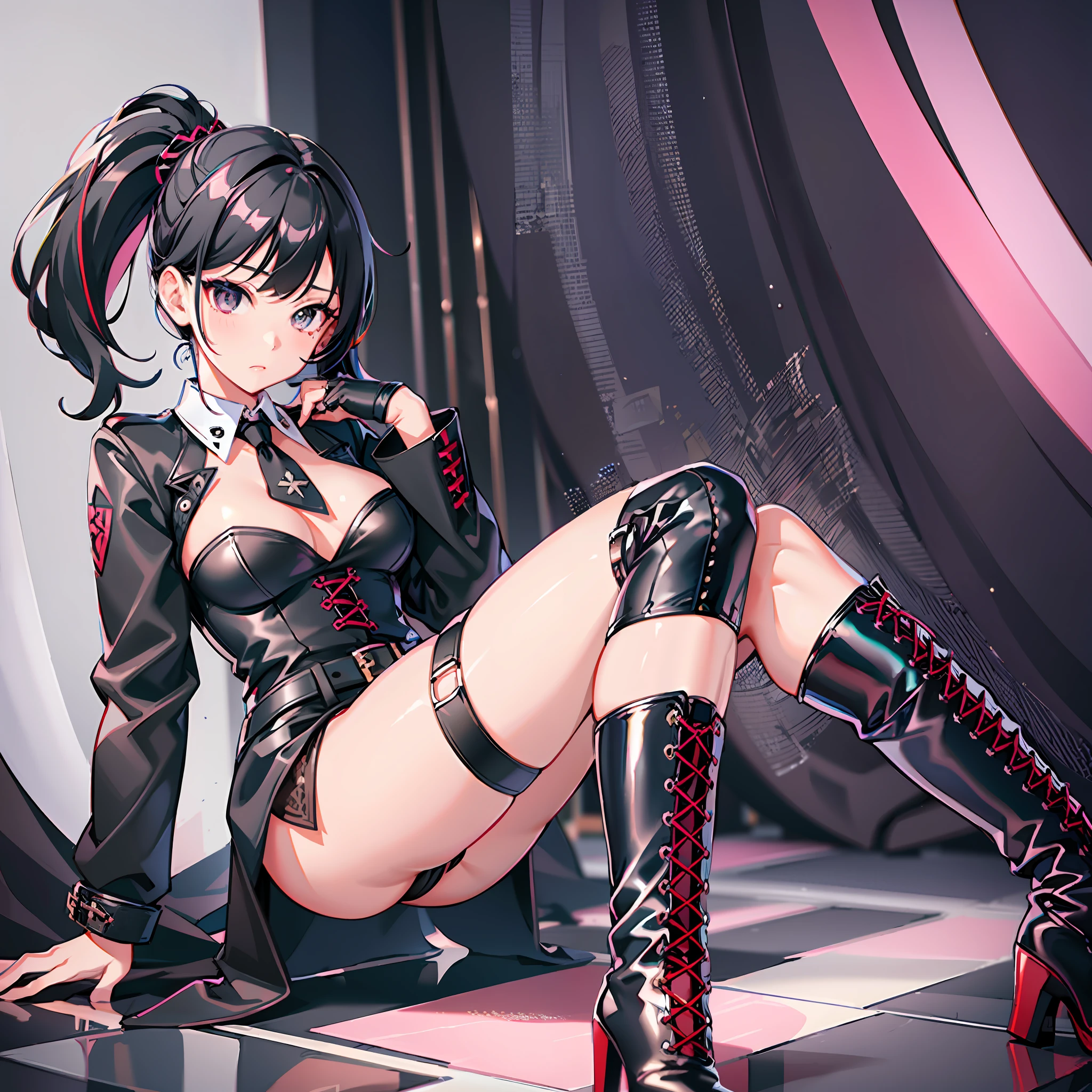 1girl, black hair, multicolored hair, (black eyes), office lady, wallpaper, lace up thigh high long boots, shorts, young , cute, masterpiece, thigh high long boots, erotic,(love hotel), , young, cute, (open legs:1.6), long gloves