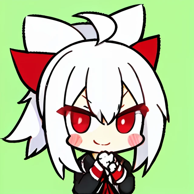 Anime girl with full white hair, long ponytail tied with red ribbon, ahoge, red eyes, smug,hand cover mouth,evil smile, medium sized breasts,school uniform, back top uniform with red ribbon and white collar, face viewer,discord sticker,sticker,logo,minimalistic, (minimalistic: 1,5), show only head chest, chibi, (human:2,5),(green background:1,5),anime moe artstyle