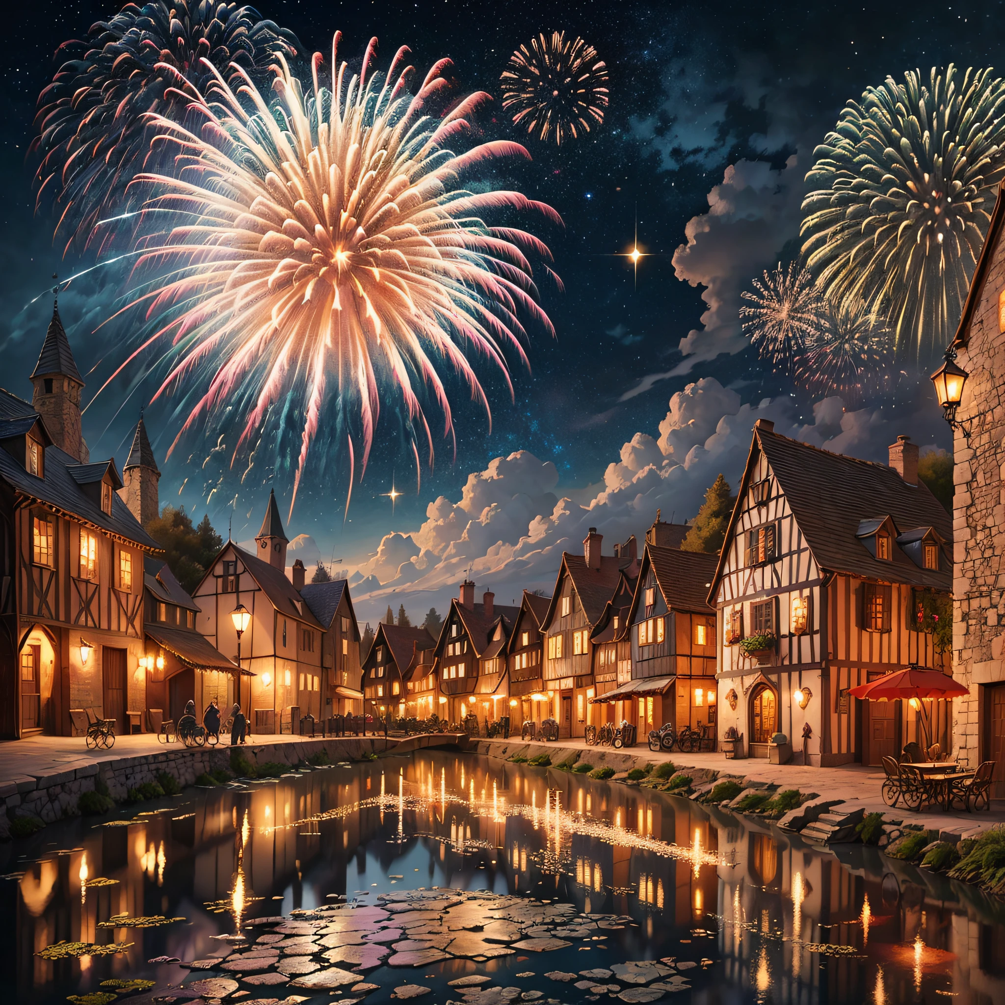 Painting a night with fireworks in the night sky of medieval town landscape, medieval village, medieval town, medieval hamlet, medieval city, medieval coastal village, European medieval village exterior, medieval fantasy town, quaint village, fantasy town setting, medieval village on the plain, medieval concept art, medieval French landscape, in medieval city, illustrated matte painting --auto --s2