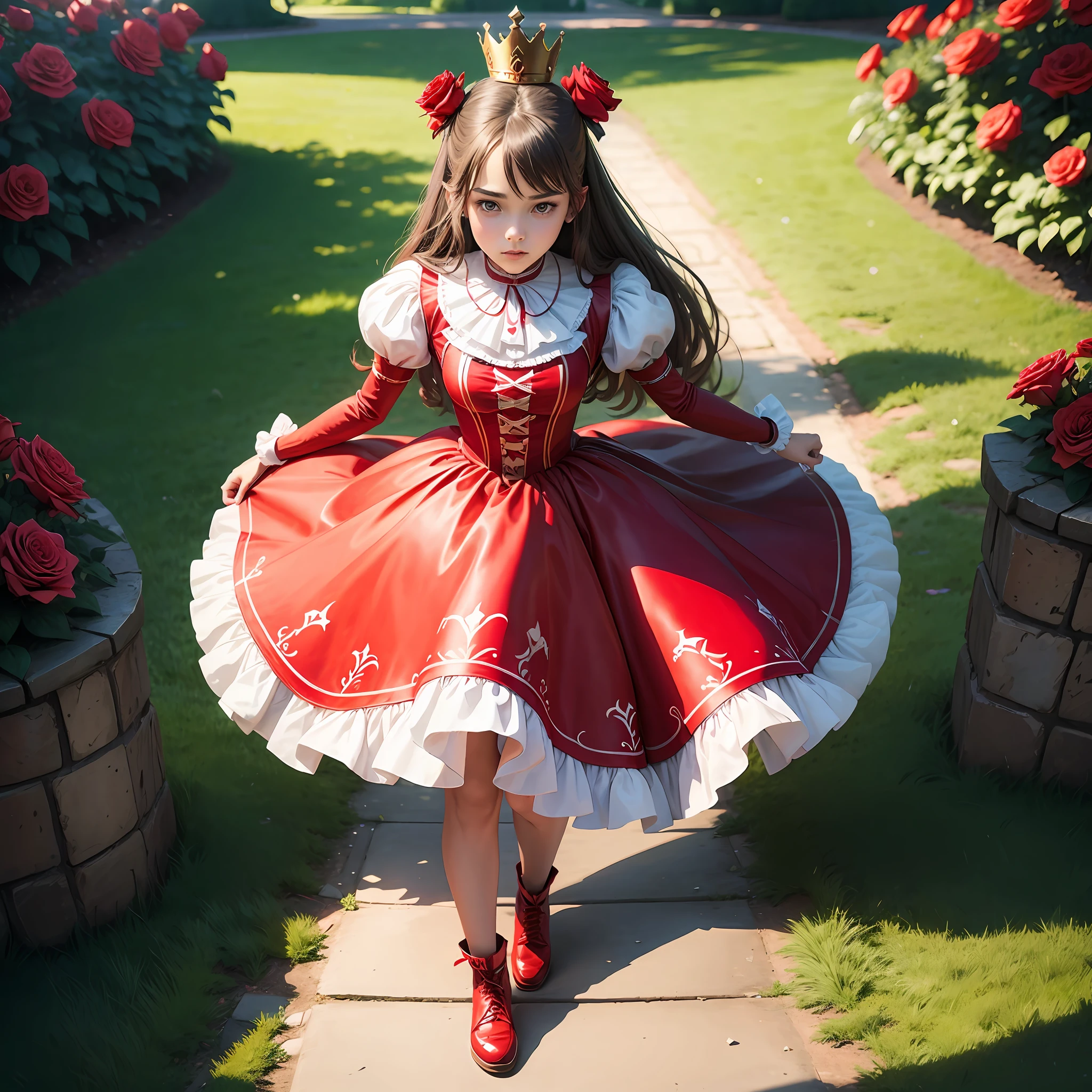 teenager queen of hearts from alice in wonderland walking in the park of the castle, there are guards dressed as deck cards and red roses --auto --s2