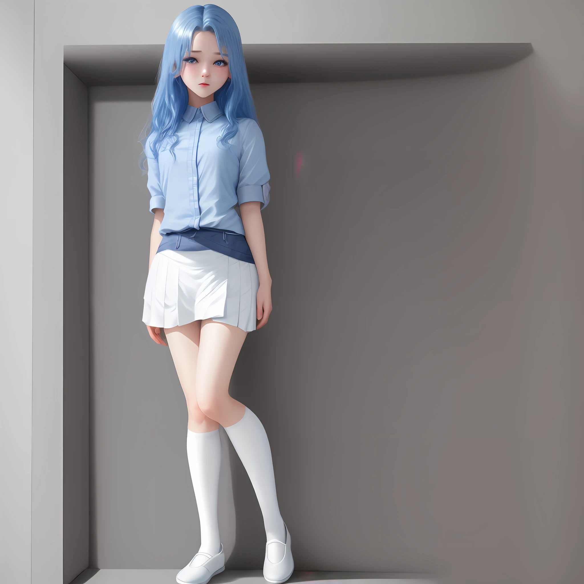 Masterpiece, girly, blue hair, dynamic hair, blue eyes, sparkling eyes, delicate face, upturned buttocks, white stockings, white silk flesh, shirt, wrinkled skirt, slender.