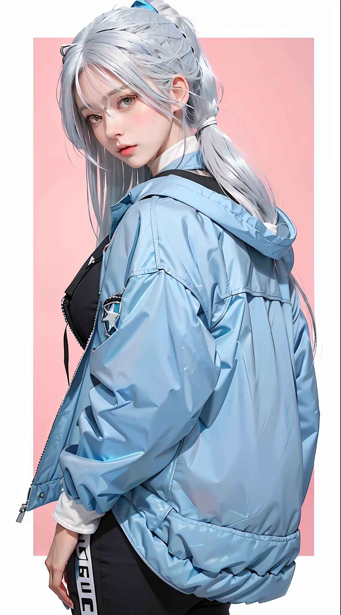 anime girl with long white hair and blue jacket, silver hair girl, girl with white hair, girl silver hair, silver hair (ponytail), perfect white haired girl, anime girl with long hair, white haired, black haired girl wearing hoodie, style anime, profile of anime girl, anime girl with teal hair, cute anime style, girls frontline style, girl silver ponytail hair