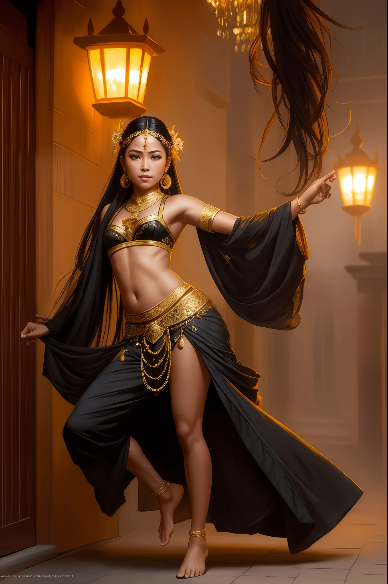 1girl, indonesian, long hair, ponytail, blonde hair, covered mouth, black indonesian clothes, dancing, bali culture style, night, exotic style, belly dancer, belly, shooting star, golden accessories, hair ornament, masterpiece, detailed face, full body, barefoot, cinematic shot on canon 5d ultra realistic, accurate hands Steve Henderson Fabian Perez
Henry Asencio Jeremy Mann Marc Simonetti fantasy magic, full body,  aged down, 
atmosphere, extreme hdr