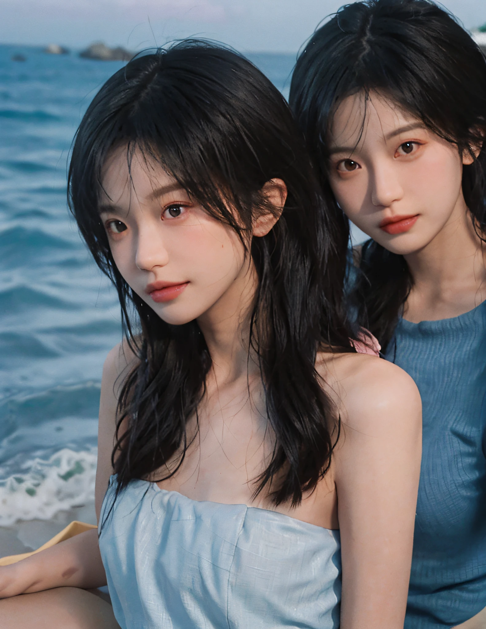 8k, RAW Photo, Best Quality, Masterpiece, Maritime Miles of the Maldives, High Detail RAW Color Photo, Professional Photo, (Realistic, Photorealistic Photo: 1.37), (High Detail Skin: 1.2), High Resolution, Beautiful Detailed Eyes, (Hard Focus: 1.4), (Clear Focus: 1.4), Realistic, (8K UHD:1.2), realistic high-quality shadows, pink pouty red lips, slender face, full, (wavy hair), half top knot, gray-blue wavy short hair, sapphire eye color, suggestive appearance, (extreme facial close-up), pov, ((depth of field)), pale and shiny skin, bandeau dress, 30 years old, buruma, Maldives seaside, white clouds, background blur, lens flare, (vignetting: 0.8), dramatic lighting, cinematic lighting, backlighting, Professional lighting, physically based rendering, ulzzang-6500-v1.1, pureerosface_v1.