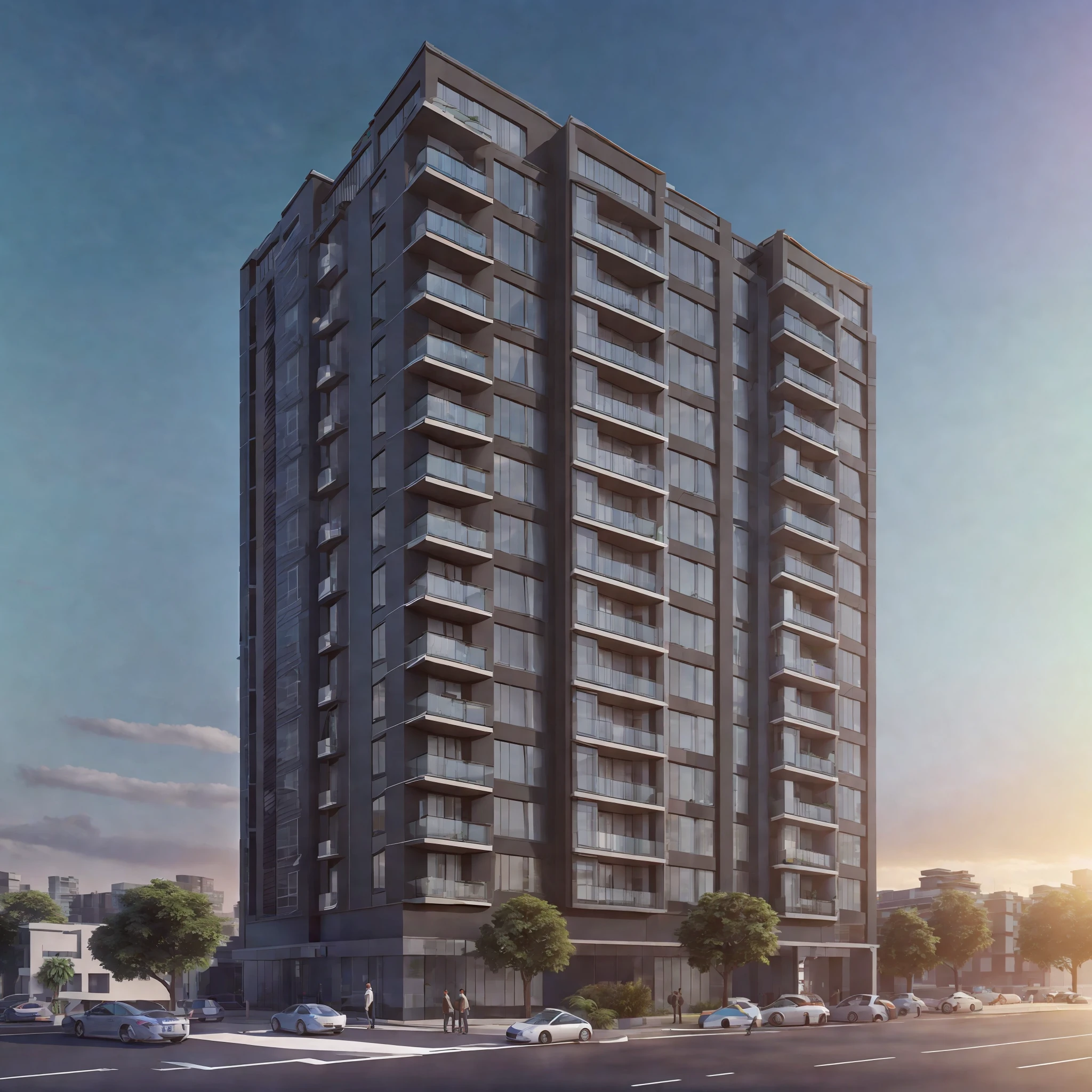 3D model HD rendering, building rendering, high detail, realistic lighting, reality lighting, Lumion 12 rendering, Apartment, 7 floor, Dark brown colors, cloudy, in street --auto --s2