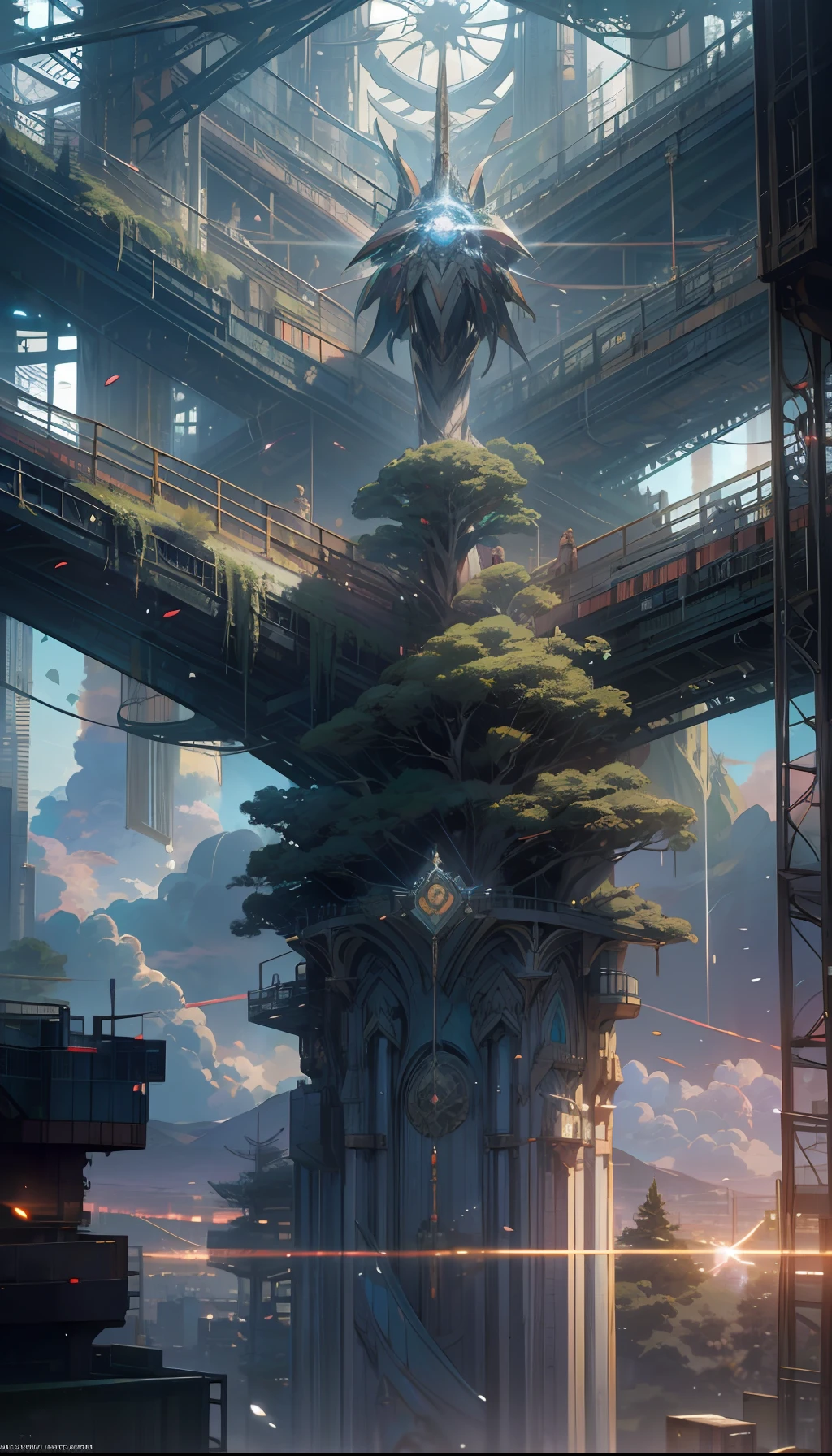 Sky, Clouds, holding_weapon, no_humans, Glow, giant_ trees , cyberpunk_Architecture, "sky, cloud, glowing, big trees , building, cybernetic _trees, tree_mech, sci-fi, cityscape, realistic, mechanical" Science Fiction, Cities, Rendered in Octane, hyper realistic, 8k, epic composition, cinematic, octane render, artstation landscape vista photography by Carr Clifton & Galen Rowell, 16K resolution, Landscape veduta photo by Dustin Lefevre & tdraw, 8k resolution, detailed landscape painting by Ivan Shishkin, DeviantArt, Flickr, rendered in Enscape, Miyazaki, Nausicaa Ghibli, Breath of The Wild,,trending in artstation, cgsociety, 8k post-processing highly detailed,Junji Murakami, Mucha Klimt, Sharandula, Hiroshi Yoshida, Tom Bagshaw, Ross Tran, Artgerm,Craig Mullins,dramatic,Junji Murakami, moody lighting rendered by octane engine,characters 8K symmetrical arstation, cape,cinematic lighting, intricate details, 8k detail post processing, hyperealistic, octane rend, Zdzisław Beksiński style, ar 2:3 Reality Reality --auto --s2