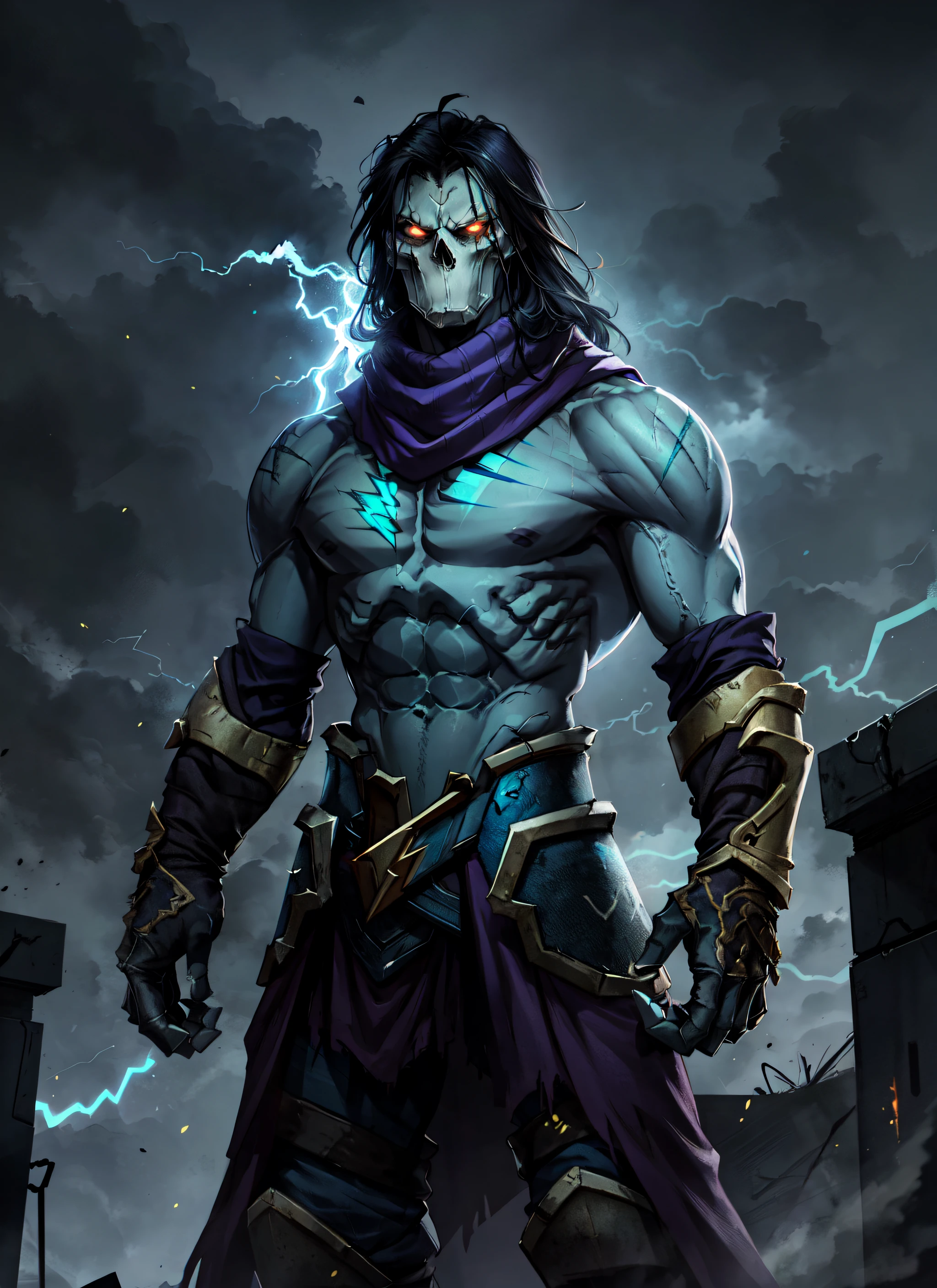 1boy, thedeath, topless, windblown scarf, glowing scar, gauntlets, glowing eyes, muscular, cyan glow, night, lightning, glowing particles, volumetric lighting, best quality, masterpiece,