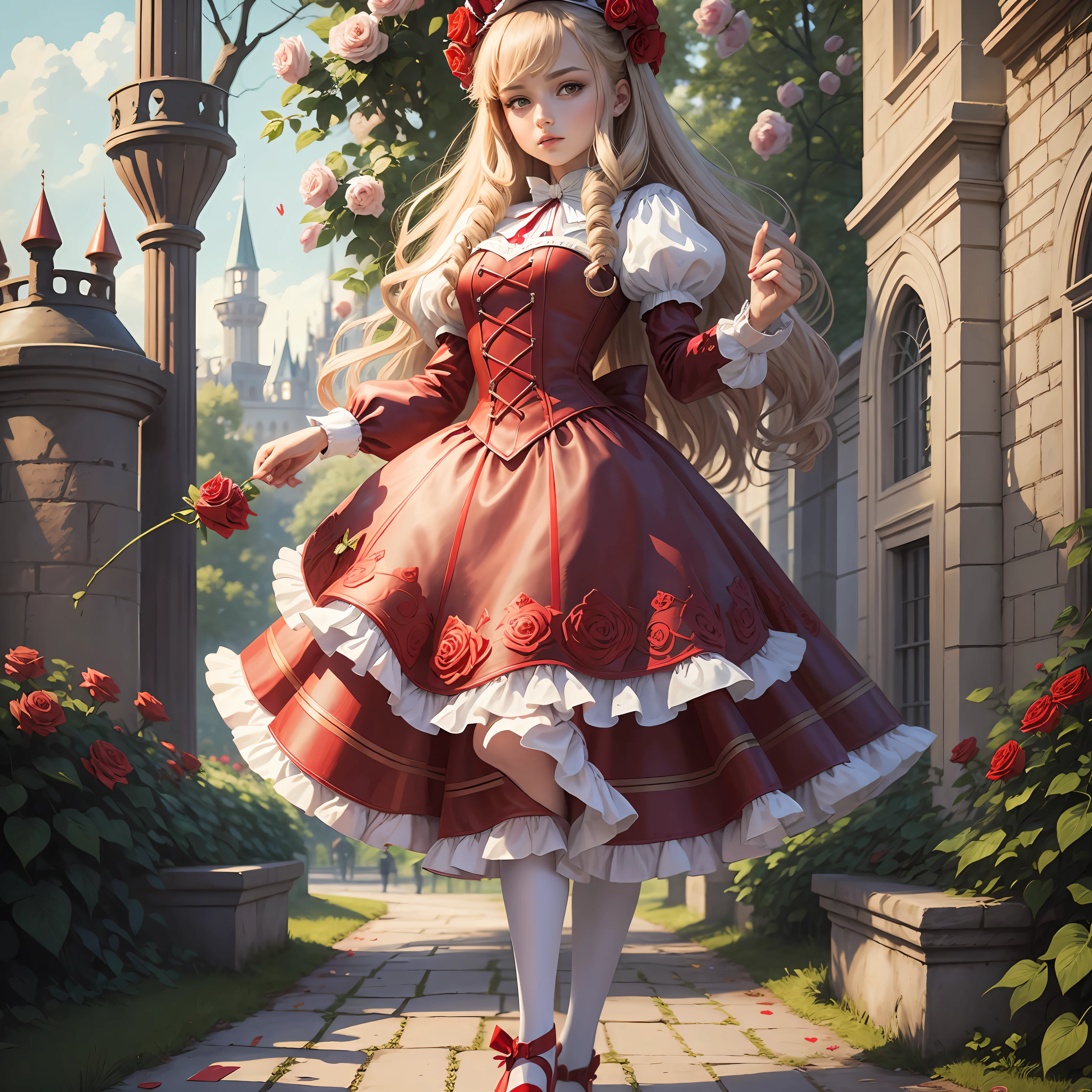 teenager queen of hearts from alice in wonderland walking in the park of the castle, there are guards dressed as deck cards and red roses --auto --s2