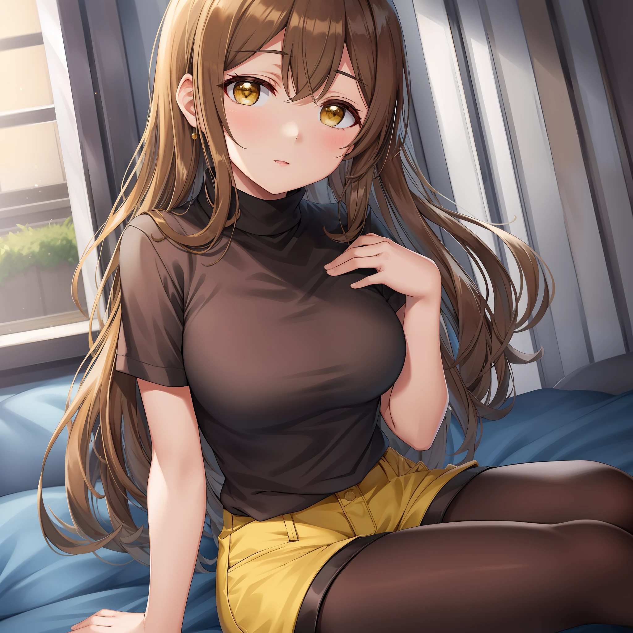 Hanamaru Kunikida from Love Live, light-brown hair, (black, sleveeless, turtleneck, shirt), (denim, shorts), yellow eyes, high tights,