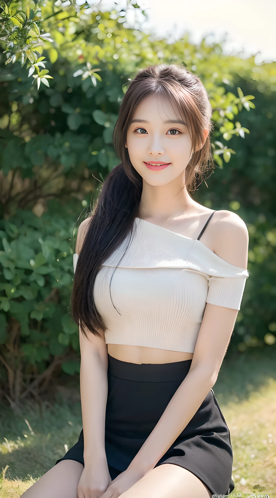 ((Best Quality, 8K, Masterpiece:1.3)), A beautiful girl, pure, melon face, gentle and cute, thin figure, short sleeves with open shoulders, short skirt with slit and navel bar, high ponytail, black fluffy long straight hair, round black big eyes, clear big eyes, moist lips, sweet smile, sitting, pastoral background,