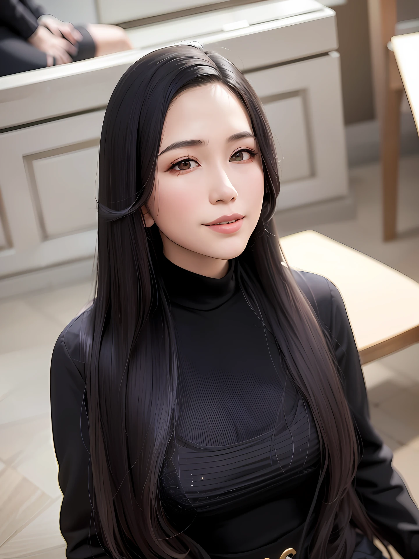 there is a woman that is sitting down with a banana, mai anh tran, an asian woman, nivanh chanthara, a young asian woman, asian girl with long hair, asian female, 2 7 years old, 2 8 years old, asian girl, asian woman, 2 9 years old, asian women, in style of lam manh