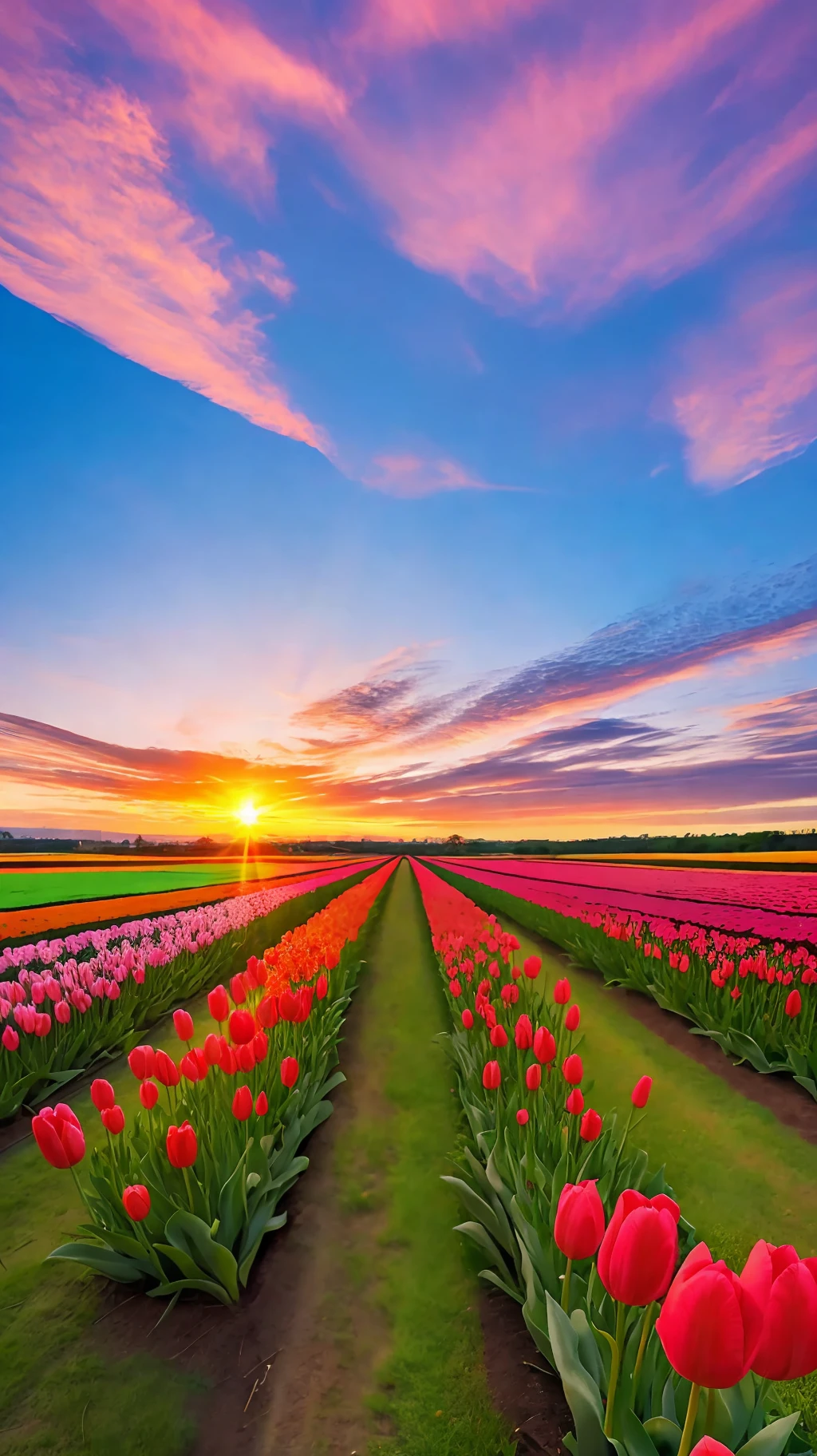 Spring,tulip field,sunset,beautiful sky,
distant viewwide angle