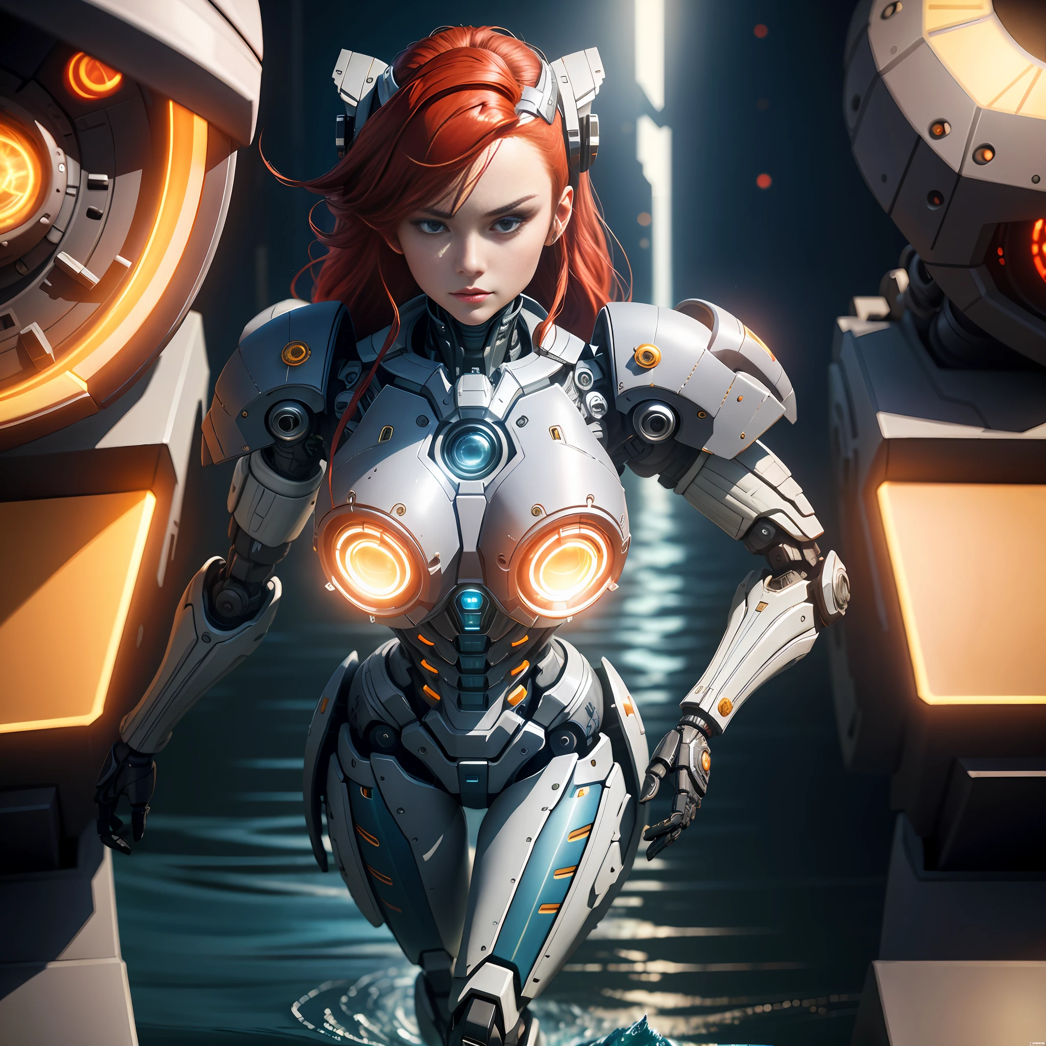 Complex 3d rendering very detailed beautiful ceramic silhouette female robot face, robot, robot parts, 150 mm, beautiful studio soft light, edge light, vibrant details, luxurious cyberpunk, lace, surrealism, anatomy, facial muscles, cable wire, microchip, elegant, octane rendering, HR Giger style, 8k, best quality, masterpiece, illustration, very refined and beautiful, very detailed, CG, unified, wallpaper, (realism, Realism: 1.37), amazing, fine details, masterpiece, best quality, official art, very detailed CG unified 8k wallpaper, ridiculous, incredibly ridiculous, robot, silver helmet, full body, huge robot factory, deep starry sky, flowing water, red hair, 35mm lens, ultra-wide angle, combat boots, perspective, aerial view