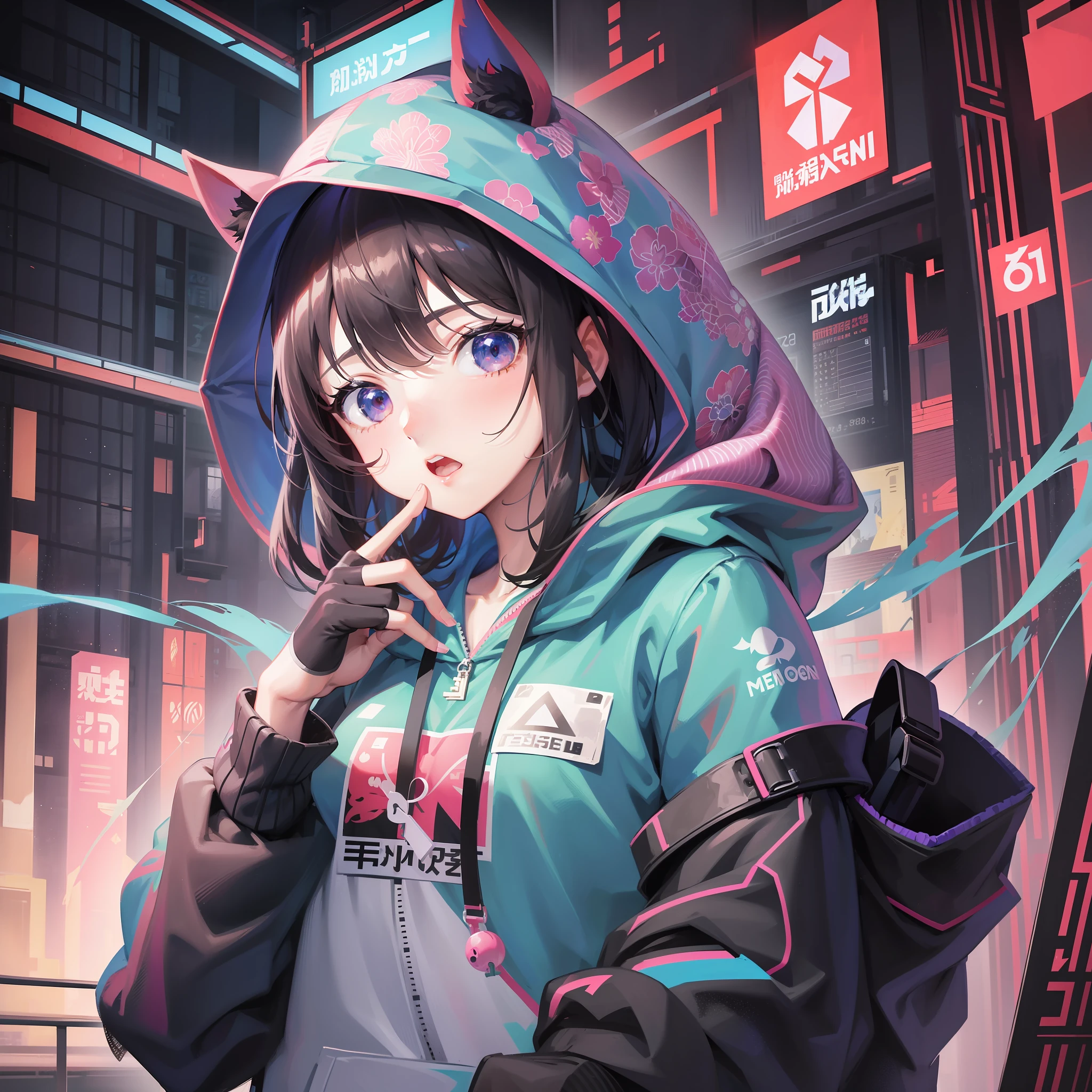 Girl in hoodie, index finger to mouth, facing camera, upper body, horse sticker, Chinese_style, key anime art, projectile on broken digital art, anime art wallpaper 8K, anime style 4K, badass anime 8K