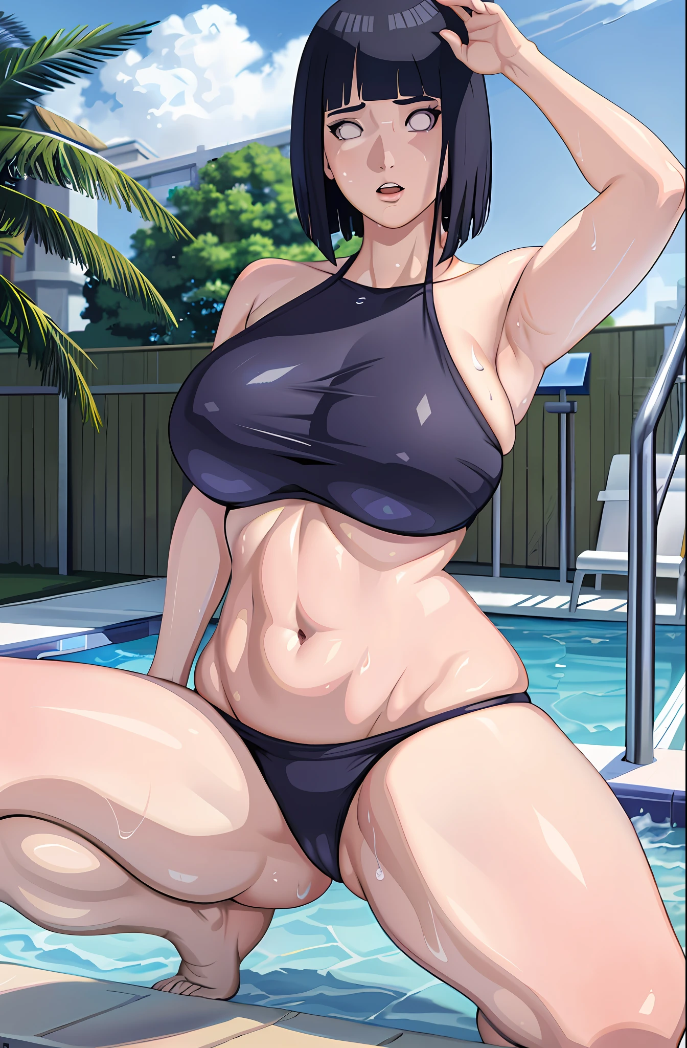 Hinata,1girl,solo, beautiful, thicc thighs, huge breasts, wearing swimming suit, in swimming pool,pure eyes, realistic pupils, highly details eye, perfect anatomy, good anatomy, good composition, armpits, sweating