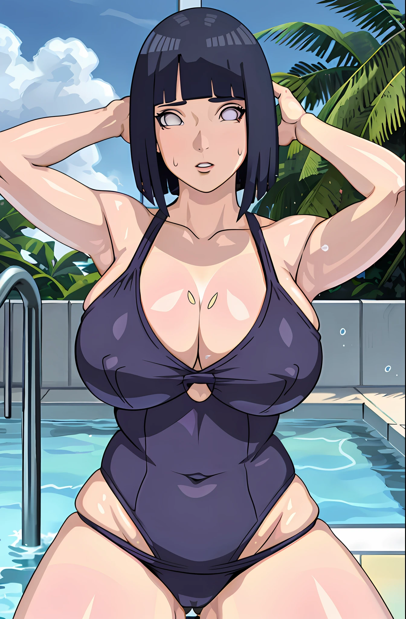 Hinata,1girl,solo, beautiful, thicc thighs, huge breasts, wearing swimming suit, in swimming pool,pure eyes, realistic pupils, highly details eye, perfect anatomy, good anatomy, good composition, armpits, sweating