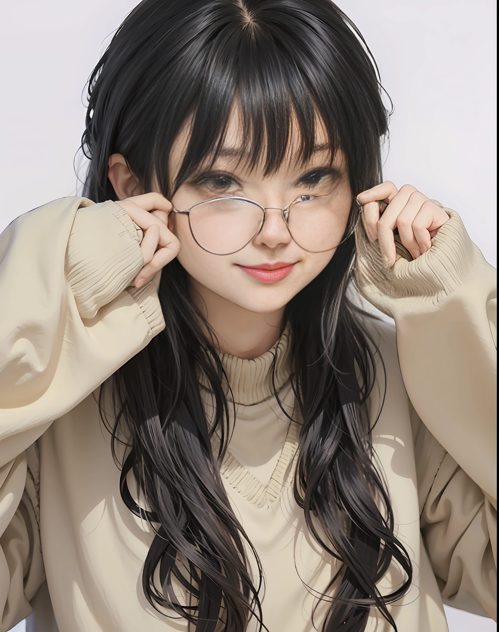 anime girl with glasses and a sweater on, with glasses, anime moe artstyle, cute slightly nerdy smile, cute natural anime face, cute anime girl, anime visual of a cute girl, wavy long black hair and glasses, cute anime face, anime vibes, spectacled, lofi girl, kawaii realistic portrait, cute kawaii girl, (anime girl), an anime girl