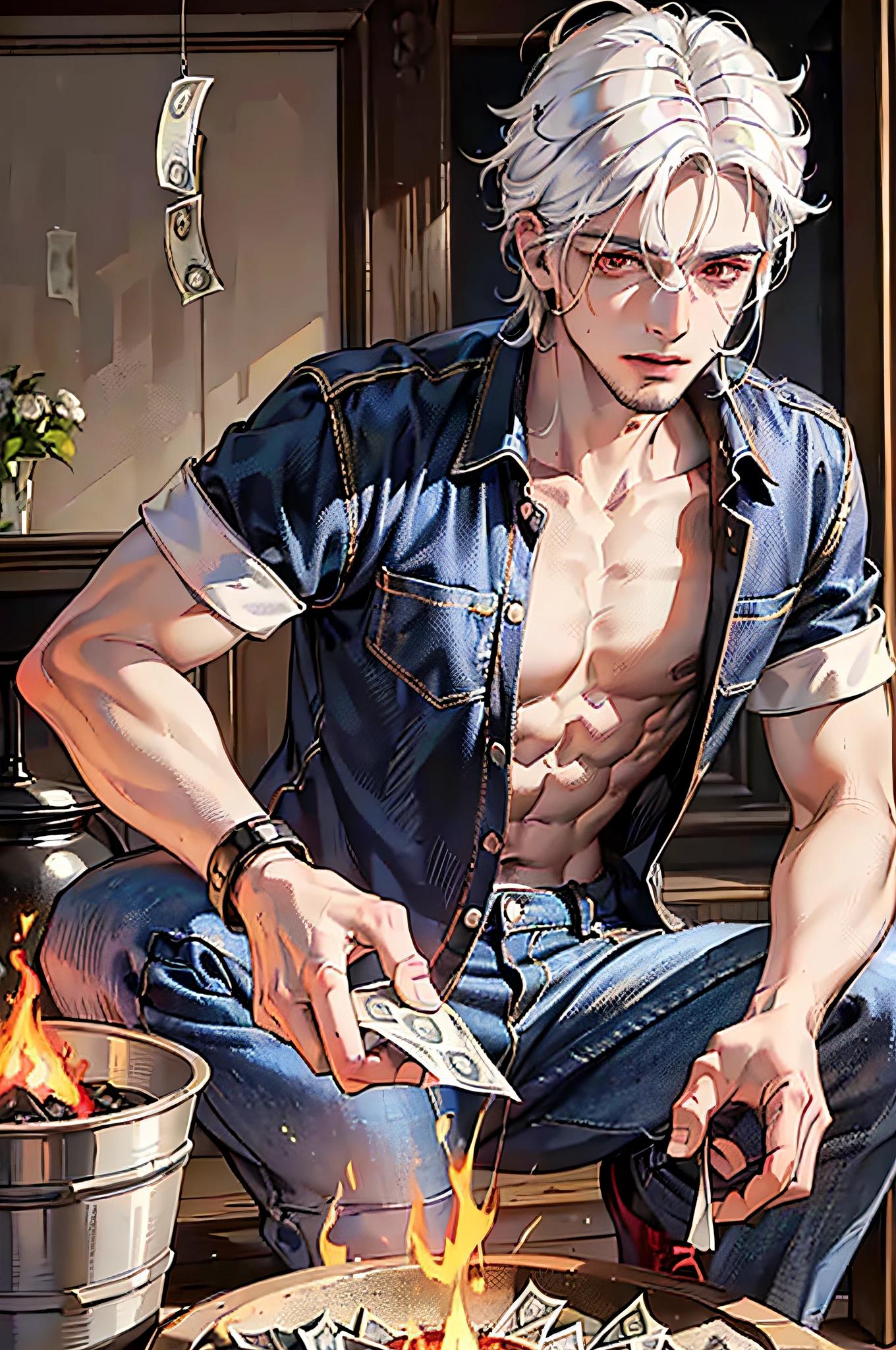 Inside a hut, there is a brazier, (( ( A man is crouched next to the brazier, ((there is a small hill of banknotes in front of him)), the man is holding the money into the fire and burning)) Hades money, paper Hades masterpiece, high quality, best quality, beautiful, hd, realistic, perfect lighting, detailed face, detailed body, 1 man, (white hair), red eyes, masculinity, (savage), black t-shirt, jeans, 4k, 8k, 16k