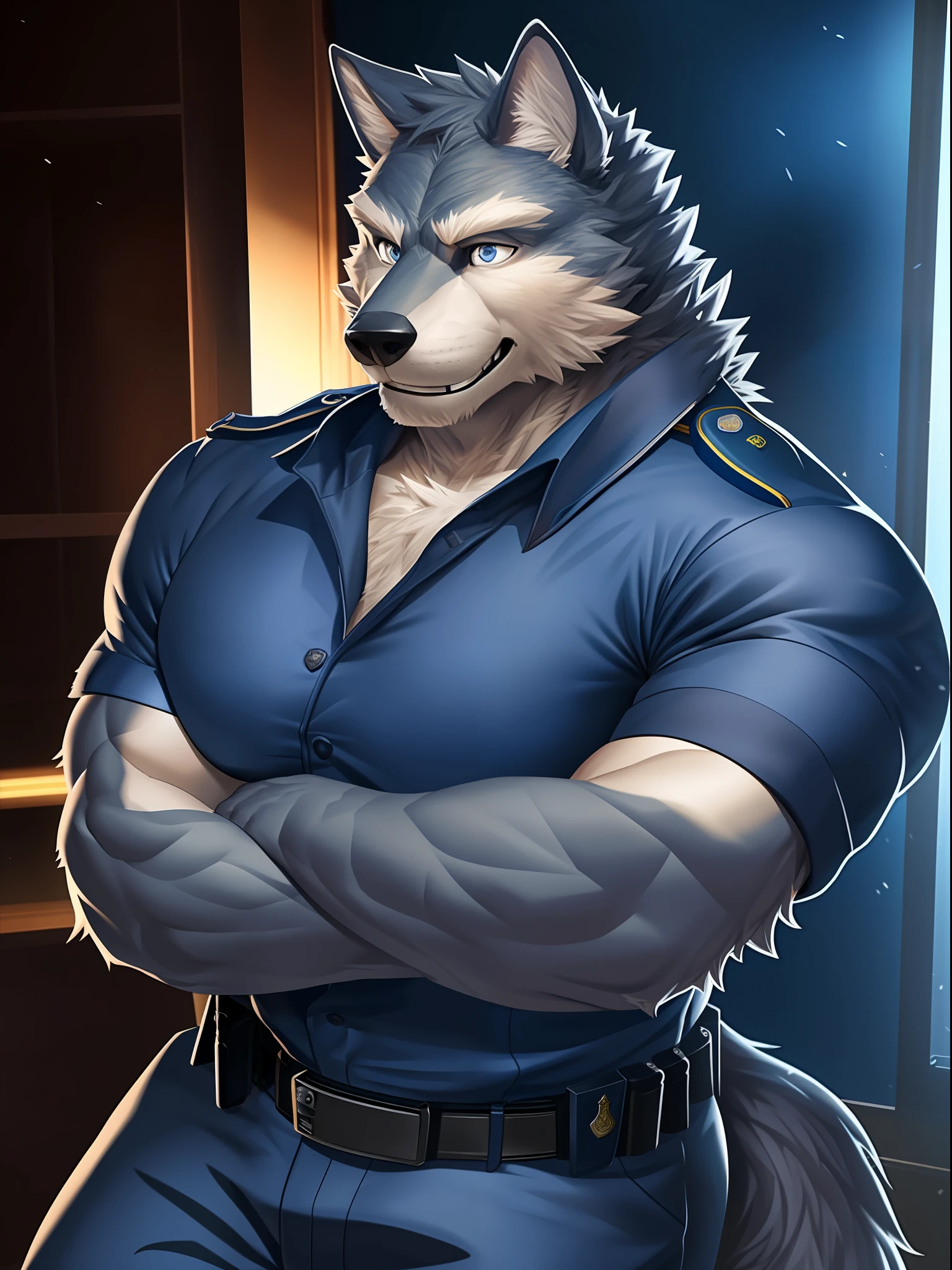 ((solo, one man, 1man)), muscular man wear working as police, police uniform, furry, an anthro (wolf), an anthto, a old man big muscular, happy expression, extremely detailed muscle, detailed face, face, detailed eyes, eyes, detailed muscle, realistic rendering, CG realistic, 3d realistic, photography, background