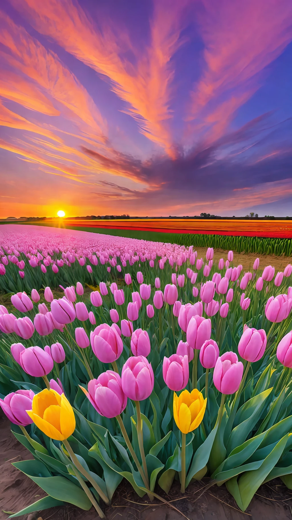 Spring,tulip field,sunset,beautiful sky,
distant viewwide angle
