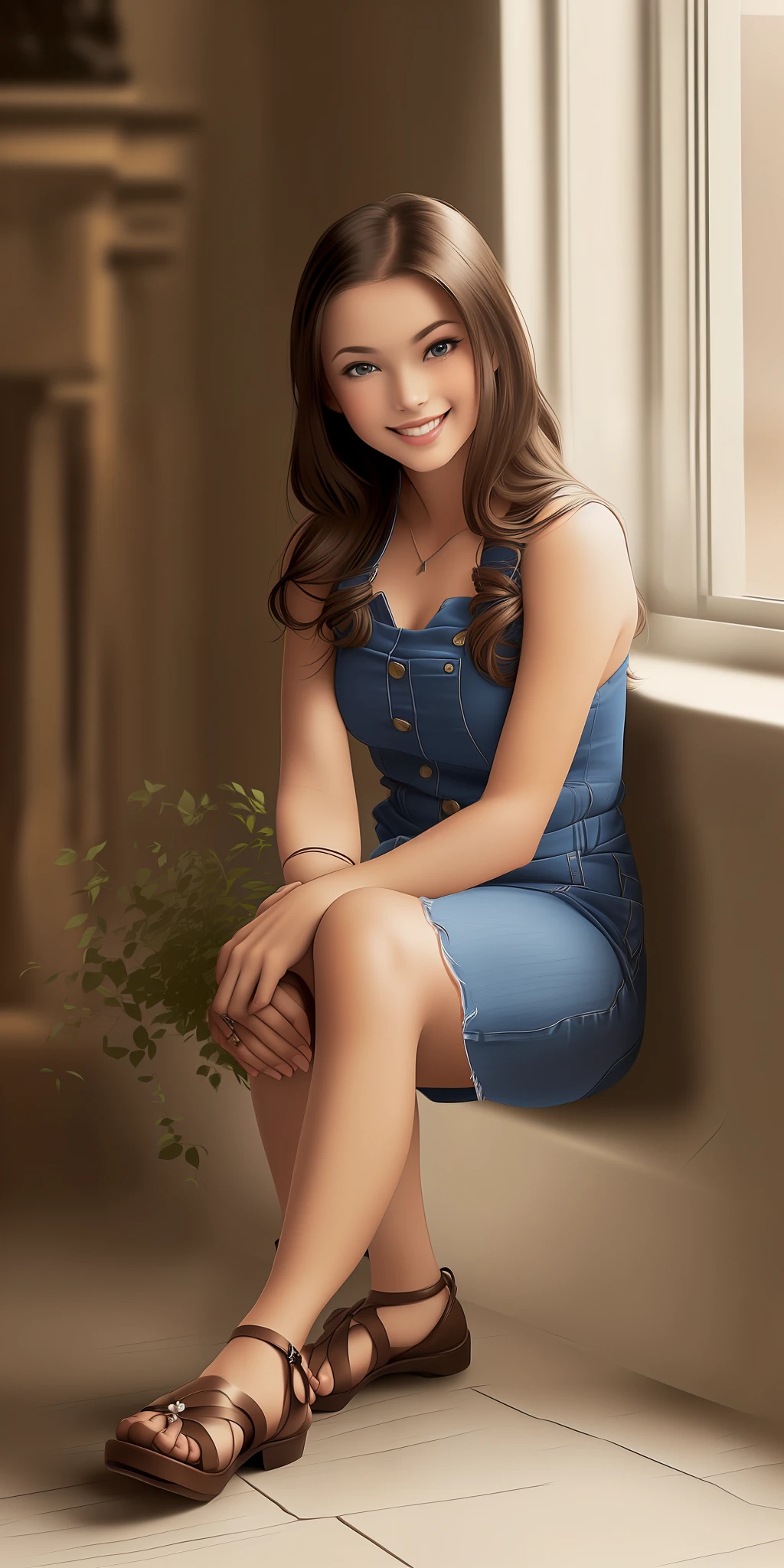 Beautiful model sitting on the floor smiling