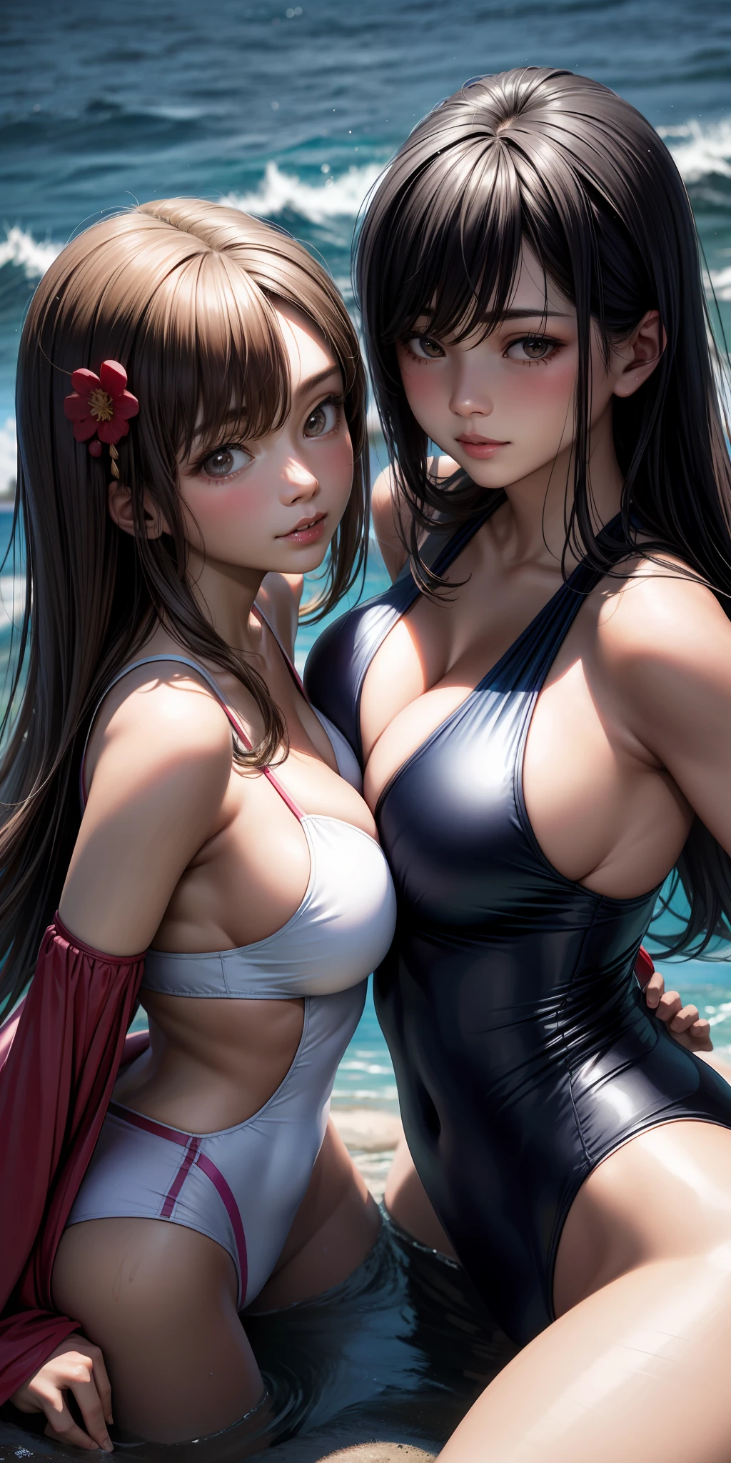 Realistic, 2 girls, Japan persons, swimsuit, chest close contact, cleavage emphasis, breast a little big