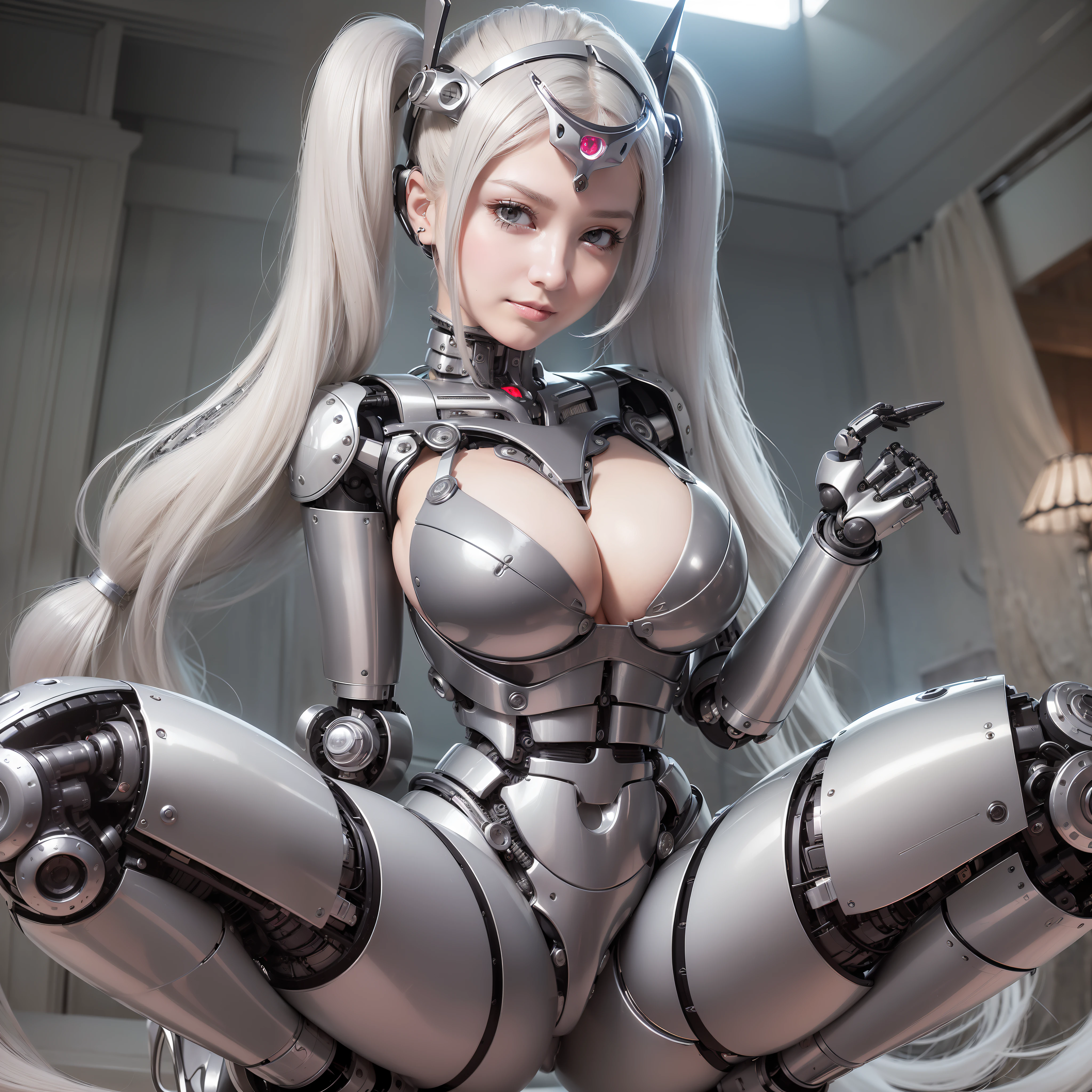 Beautiful Face,1 Woman, Curvaceous, Top Quality, Masterpiece, Ultra Detailed, ((((Bikini Cyborg Robot Parts)))), (Light Grey Hair), Long Hair, Wavy Hair, Twin Tails, Medium Shot, (((Seductive Smile)), (Black Eyes), Princess Cut, (Cowboy Shot),Squatting,Spread Your Legs,HR Giger,