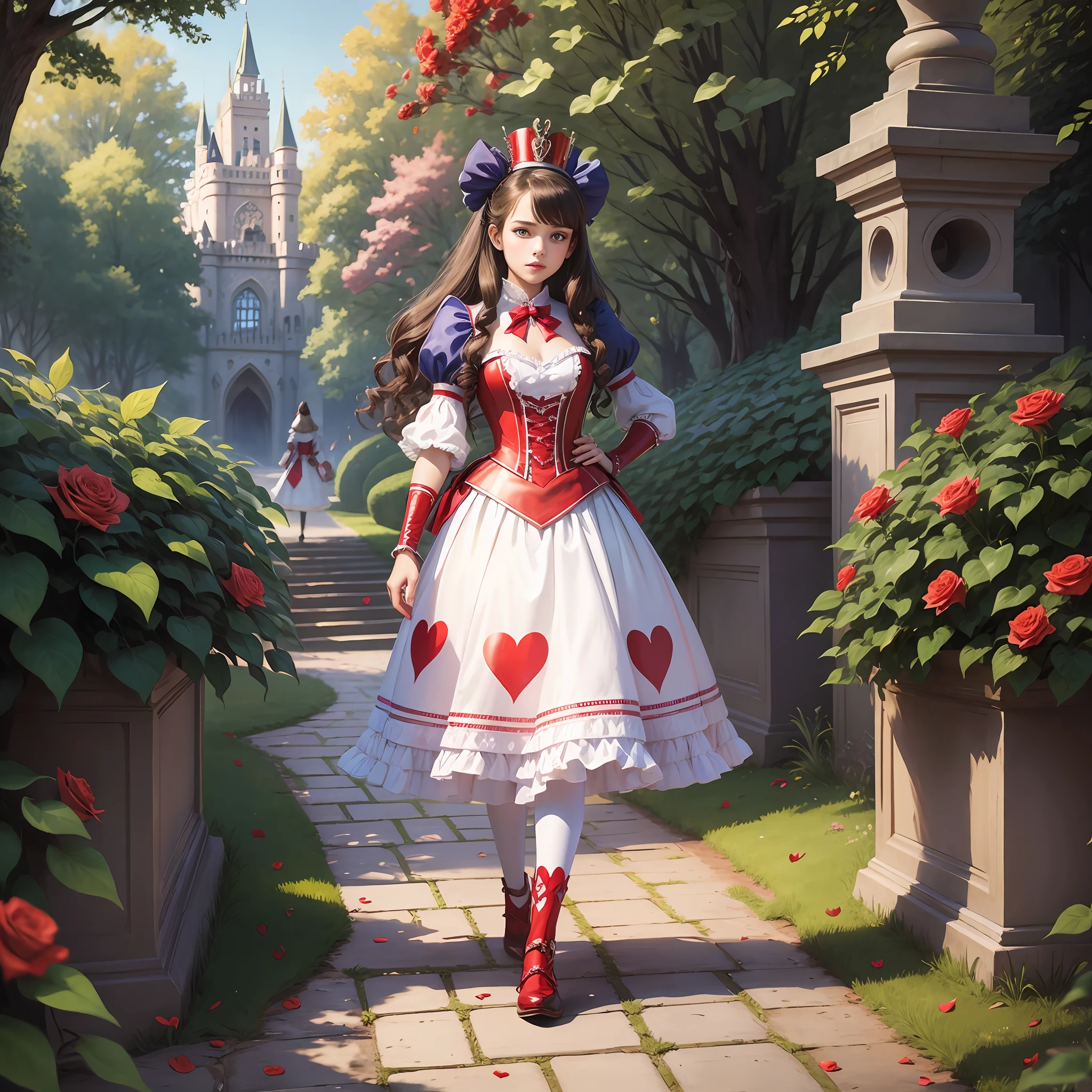 ager queen of hearts from alice in wonderland walking in the park of the castle, there are guards dressed as deck cards and red roses --auto --s2