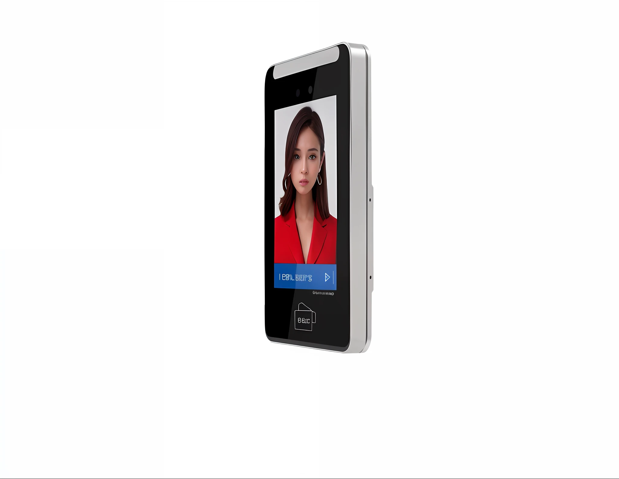 On the screen there is a close-up of a woman's phone, Coerent Face, HUD Face, 24MP, 2 4 MP, face display, single portrait, black background, 4 0 MP, 40MP, color digital screen) XF IQ4, with accurate face, 4 8 0 P, 480p, close portrait Folded left and right sides