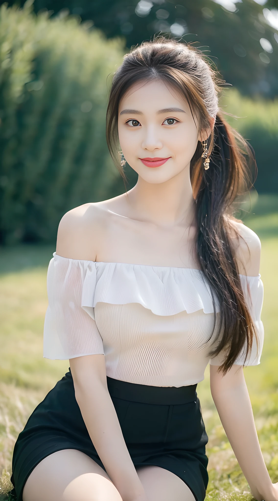 ((Best Quality, 8K, Masterpiece:1.3)), A beautiful girl, pure, melon face, gentle and cute, thin figure, off-the-shoulder short sleeves, slit crop top skirt, high ponytail, black fluffy long straight hair, round black big eyes, clear big eyes, moist lips, sweet smile, sitting, grassland background,