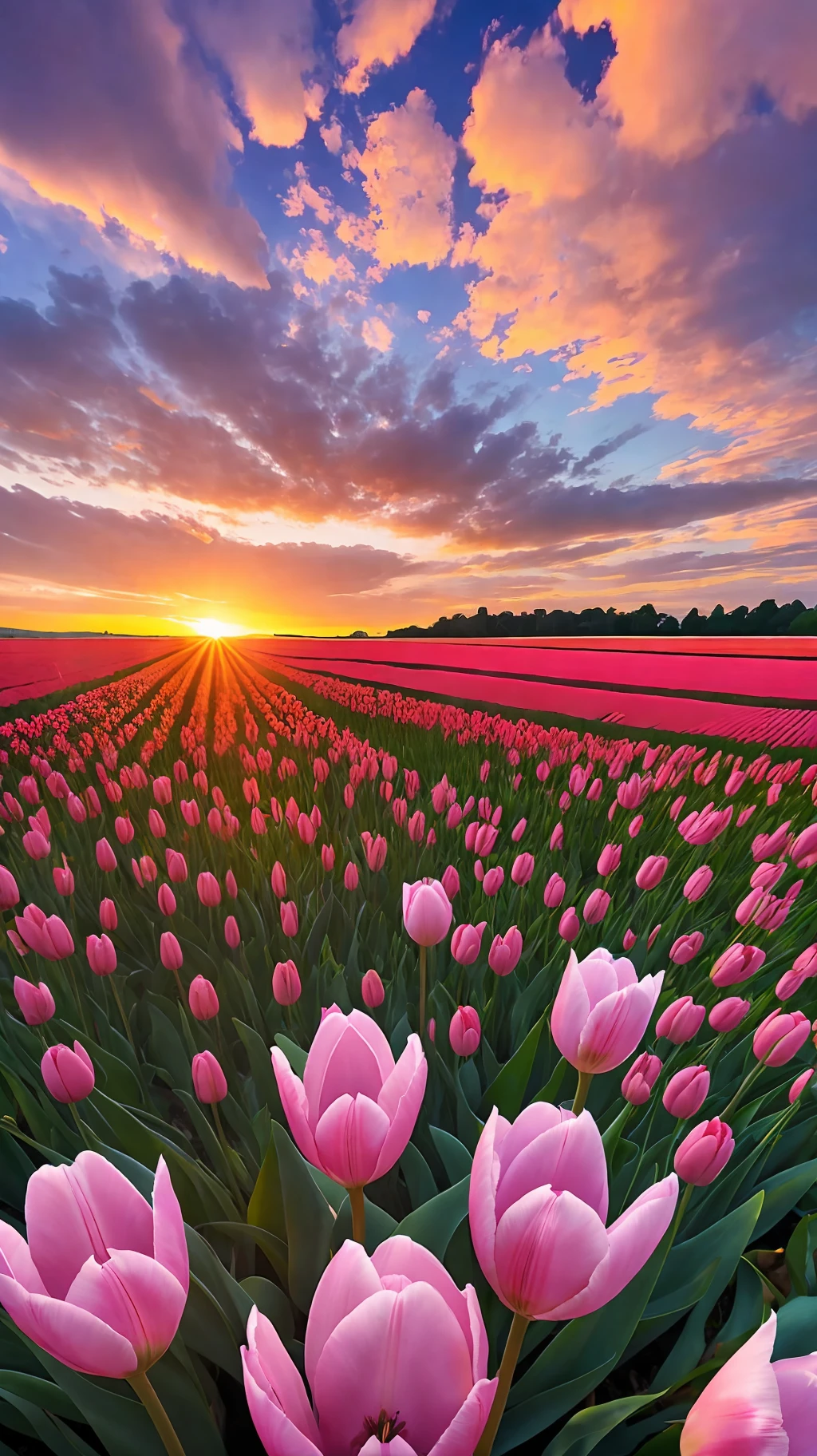 Spring,tulip field,sunset,beautiful sky,
distant viewwide angle