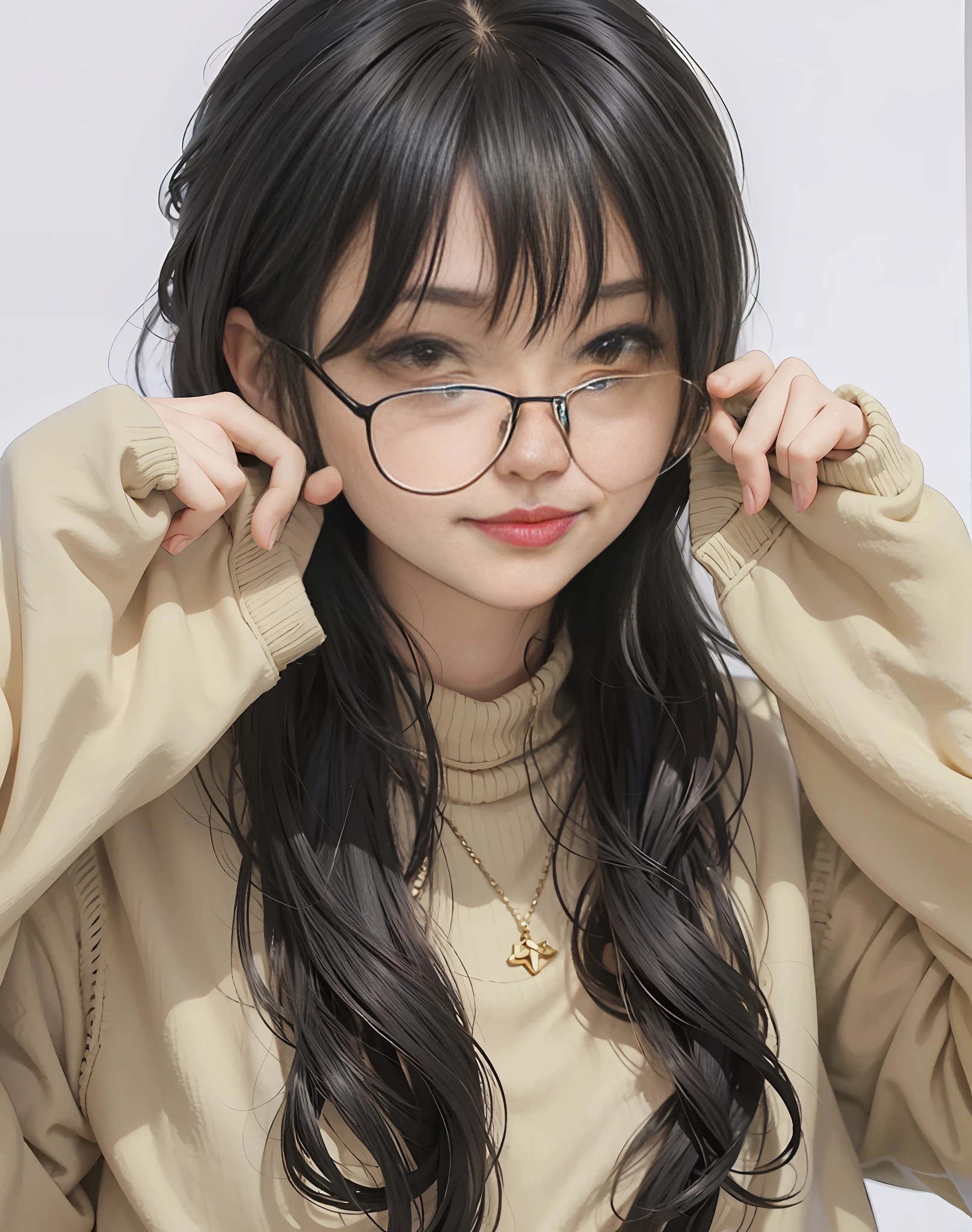 anime girl with glasses and a sweater on, with glasses, anime moe artstyle, cute slightly nerdy smile, cute natural anime face, cute anime girl, anime visual of a cute girl, wavy long black hair and glasses, cute anime face, anime vibes, spectacled, lofi girl, kawaii realistic portrait, cute kawaii girl, (anime girl), an anime girl, good eyes,