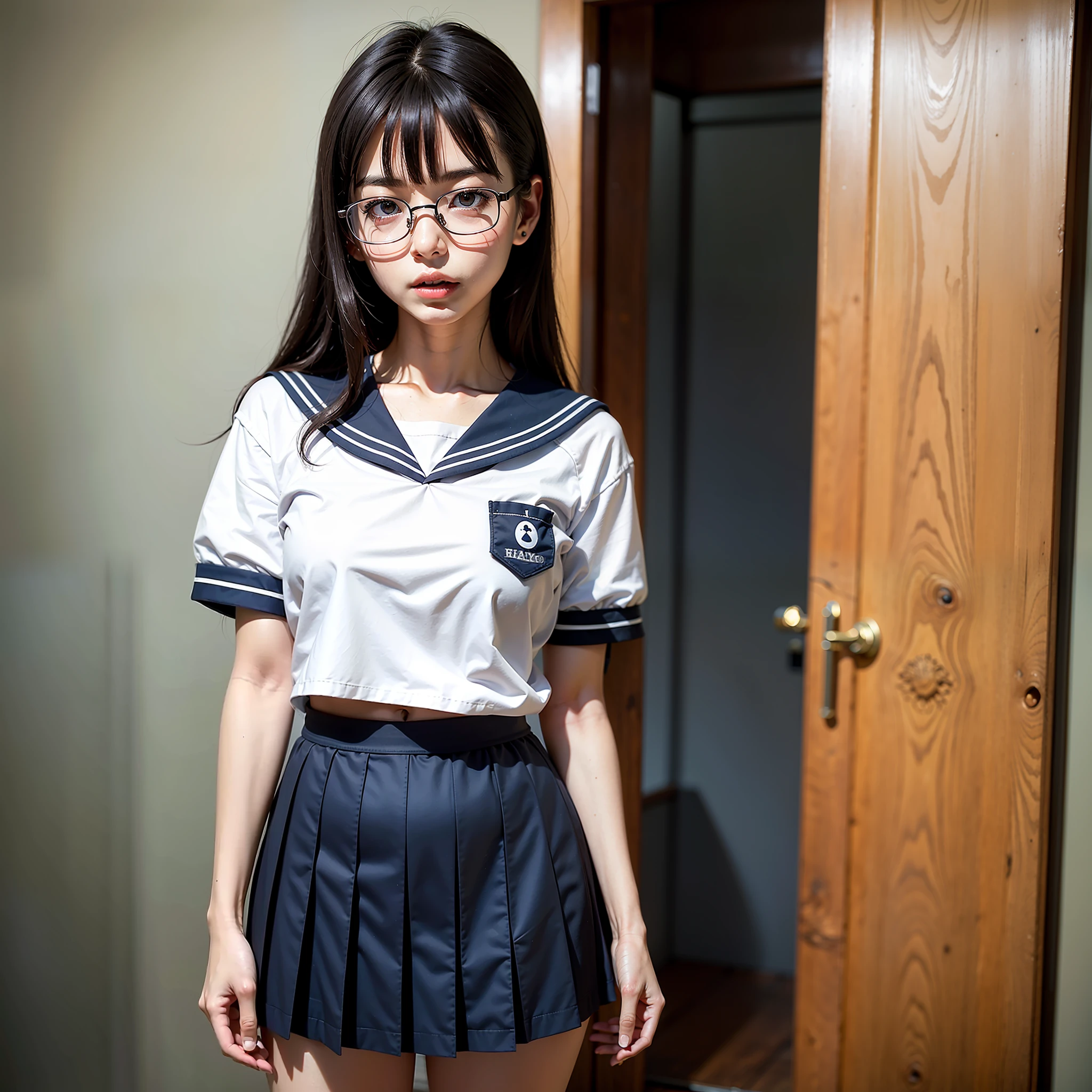((Half Eye)), ((Narrow Eyes)), (Solo)), (Small), 1 Girl,Full Body,Raw Photo, Candid, (Flat Breasts),Textured Skin, (Medium Hair:1.2), Pale Skin, Japan Persons, Glasses, Young, Tall, Dark Look, Bright Black Eyes, Anger,Ears, Sailor Uniform,School Uniform,Blue and Light Blue Check Skirt ,Slender Body, Medium Build, Small Waist, wide thighs, photorealistic, best quality, 8K, masterpiece