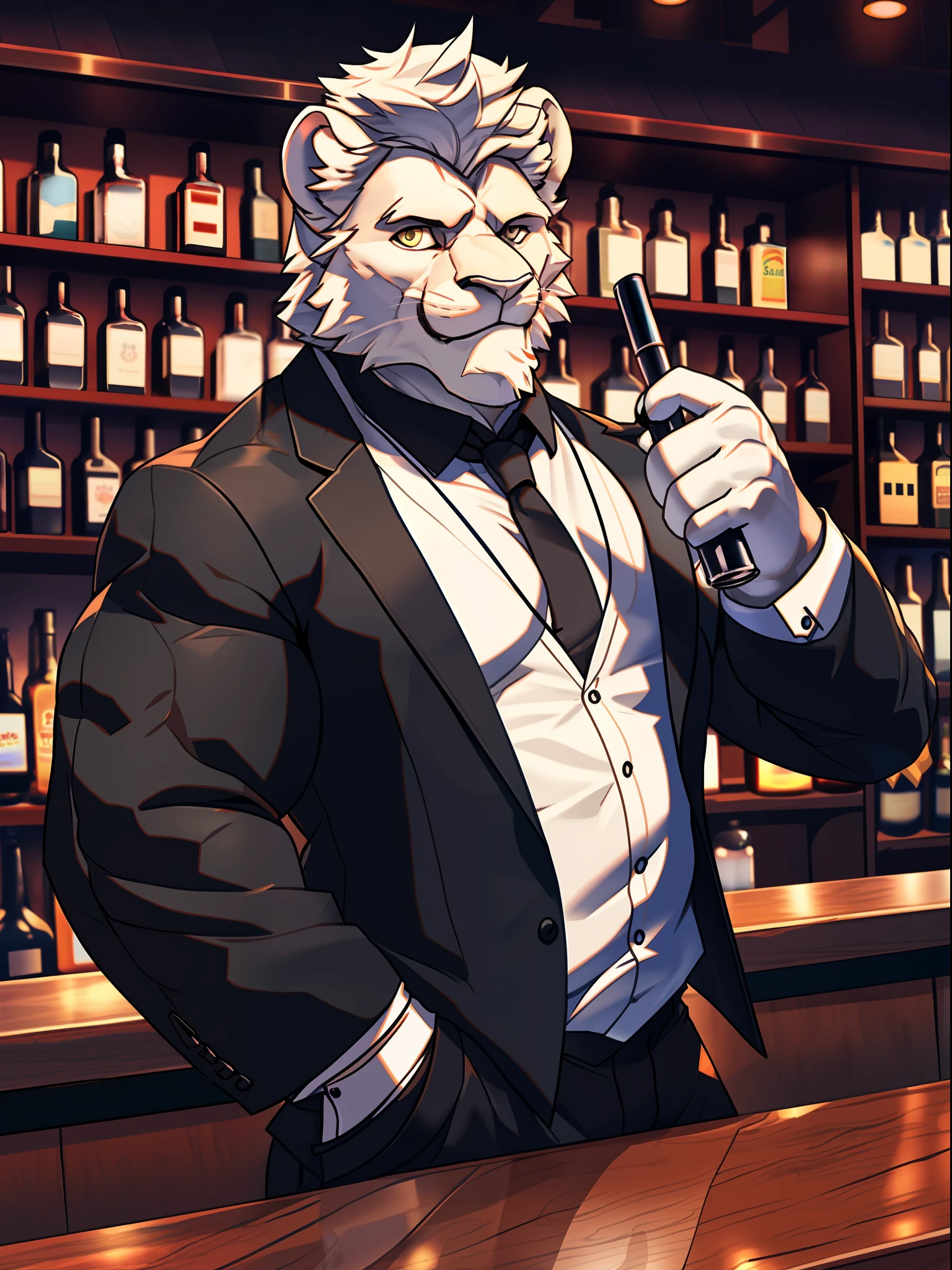 muscular man wear working in bar as bar tender, tuxedo, furry, an anthro (white lion), an anthto, a old man muscular, facial hair, happy expression, extremely detailed muscle, detailed face, face, detailed eyes, eyes, detailed muscle, realistic rendering, CG realistic, 3d realistic, photography, background