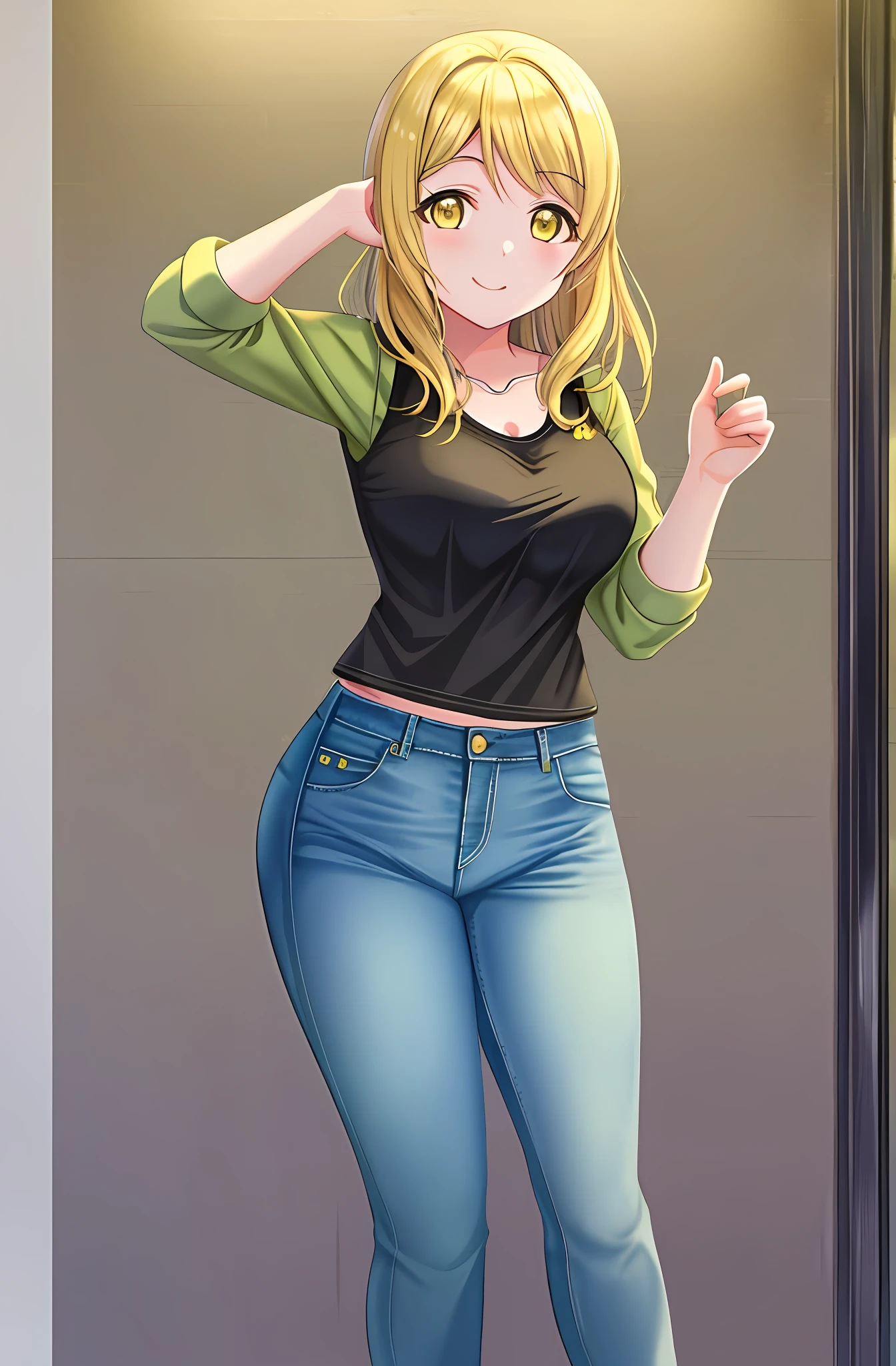 Mari Ohara from Love Live, blonde hair, jeans, large breasts, hips, greenish-yellow eyes, masterpiece, best quality,