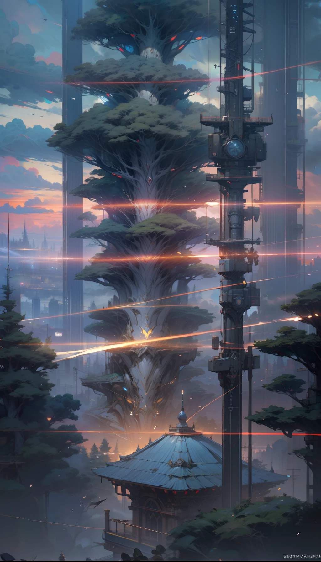 Sky, Clouds, holding_weapon, no_humans, Glow, giant_ trees , cyberpunk_Architecture, "sky, cloud, glowing, big trees , building, cybernetic _trees, tree_mech, sci-fi, cityscape, realistic, mechanical" Science Fiction, Cities, Rendered in Octane, hyper realistic, 8k, epic composition, cinematic, octane render, artstation landscape vista photography by Carr Clifton & Galen Rowell, 16K resolution, Landscape veduta photo by Dustin Lefevre & tdraw, 8k resolution, detailed landscape painting by Ivan Shishkin, DeviantArt, Flickr, rendered in Enscape, Miyazaki, Nausicaa Ghibli, Breath of The Wild,,trending in artstation, cgsociety, 8k post-processing highly detailed,Junji Murakami, Mucha Klimt, Sharandula, Hiroshi Yoshida, Tom Bagshaw, Ross Tran, Artgerm,Craig Mullins,dramatic,Junji Murakami, moody lighting rendered by octane engine,characters 8K symmetrical arstation, cape,cinematic lighting, intricate details, 8k detail post processing, hyperealistic, octane rend, Zdzisław Beksiński style, ar 2:3 Reality Reality --auto --s2