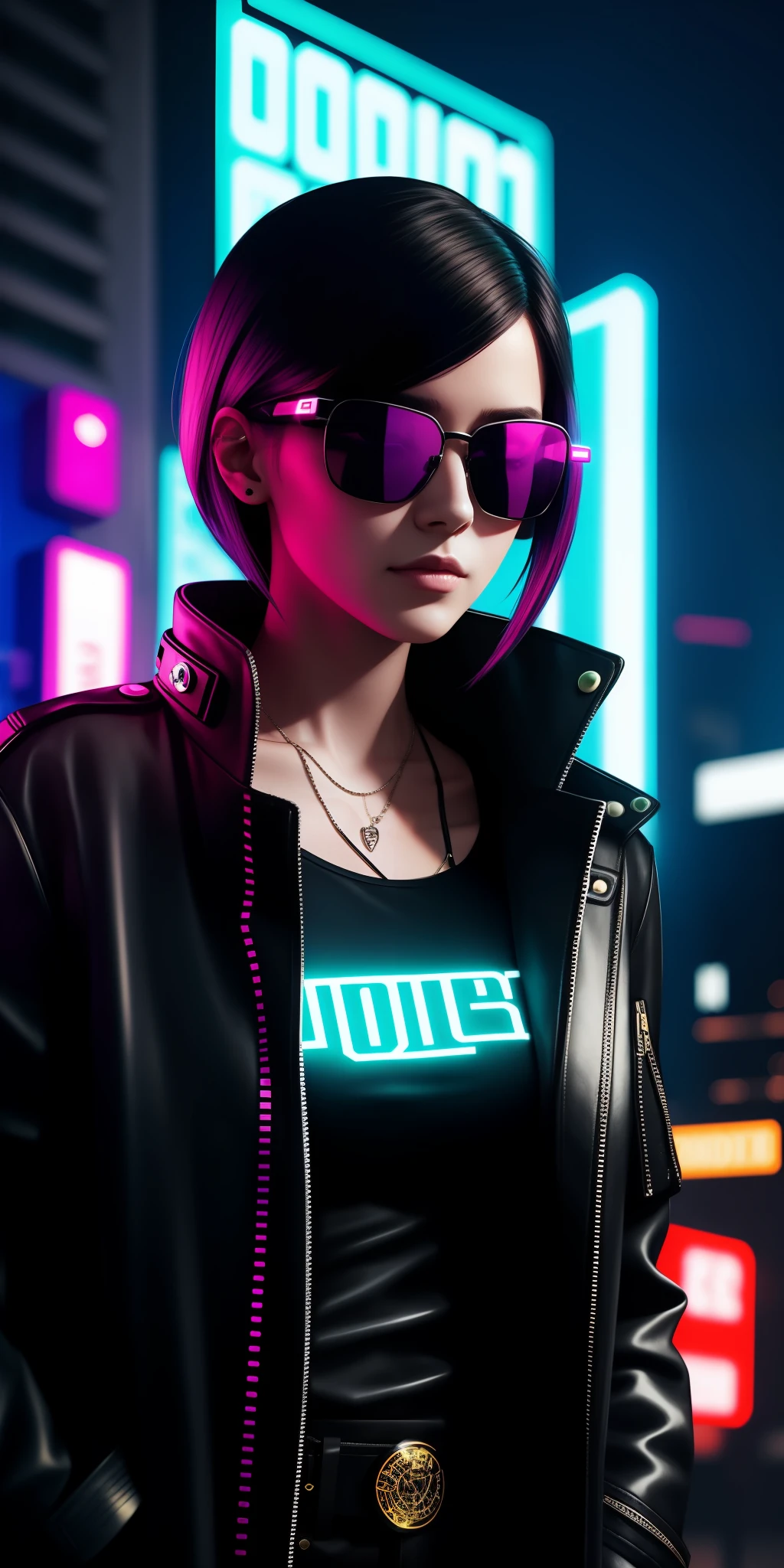 young woman in stylish coat with sunglasses Cyberpunk colorful neon lights